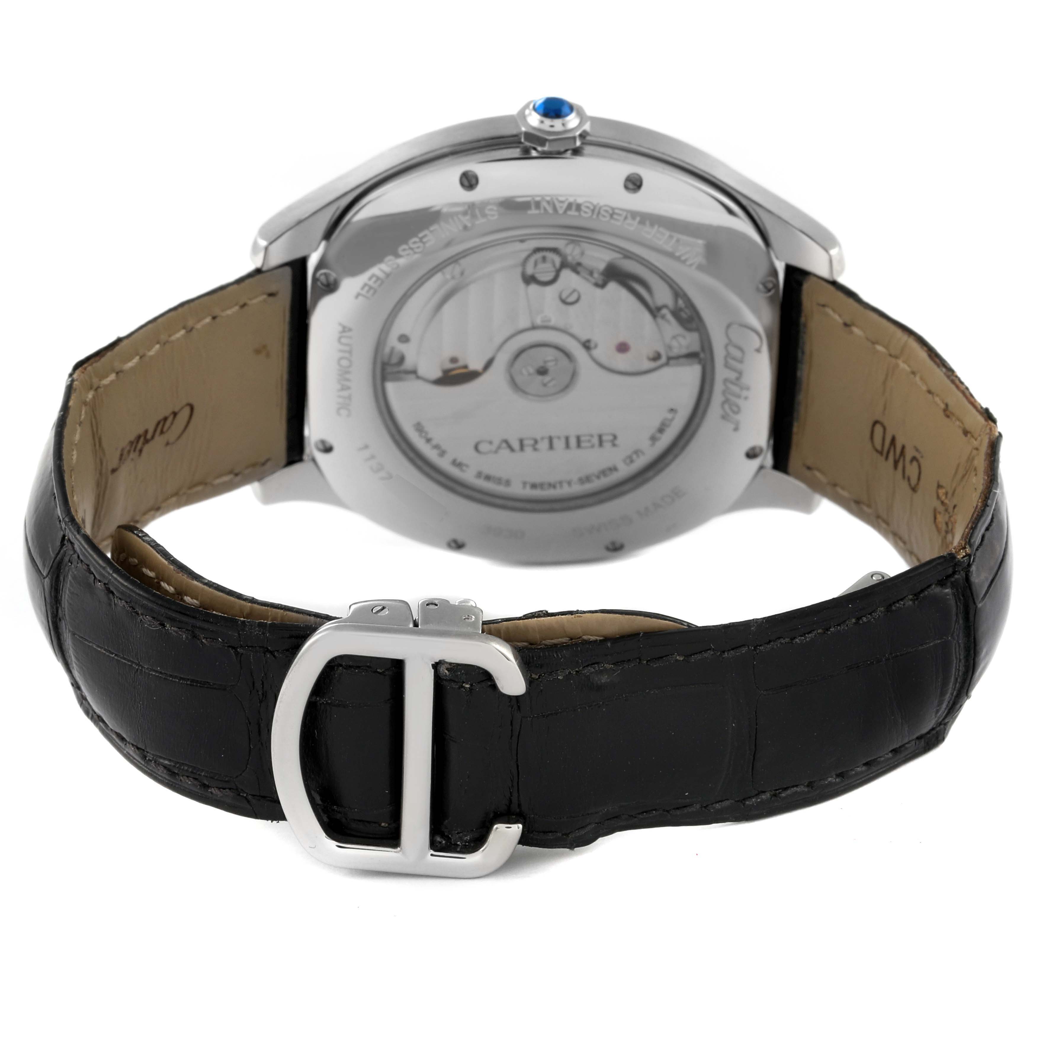 The image shows the back view of the Drive de Cartier watch by Cartier, highlighting the watch's movement and leather strap with buckle.