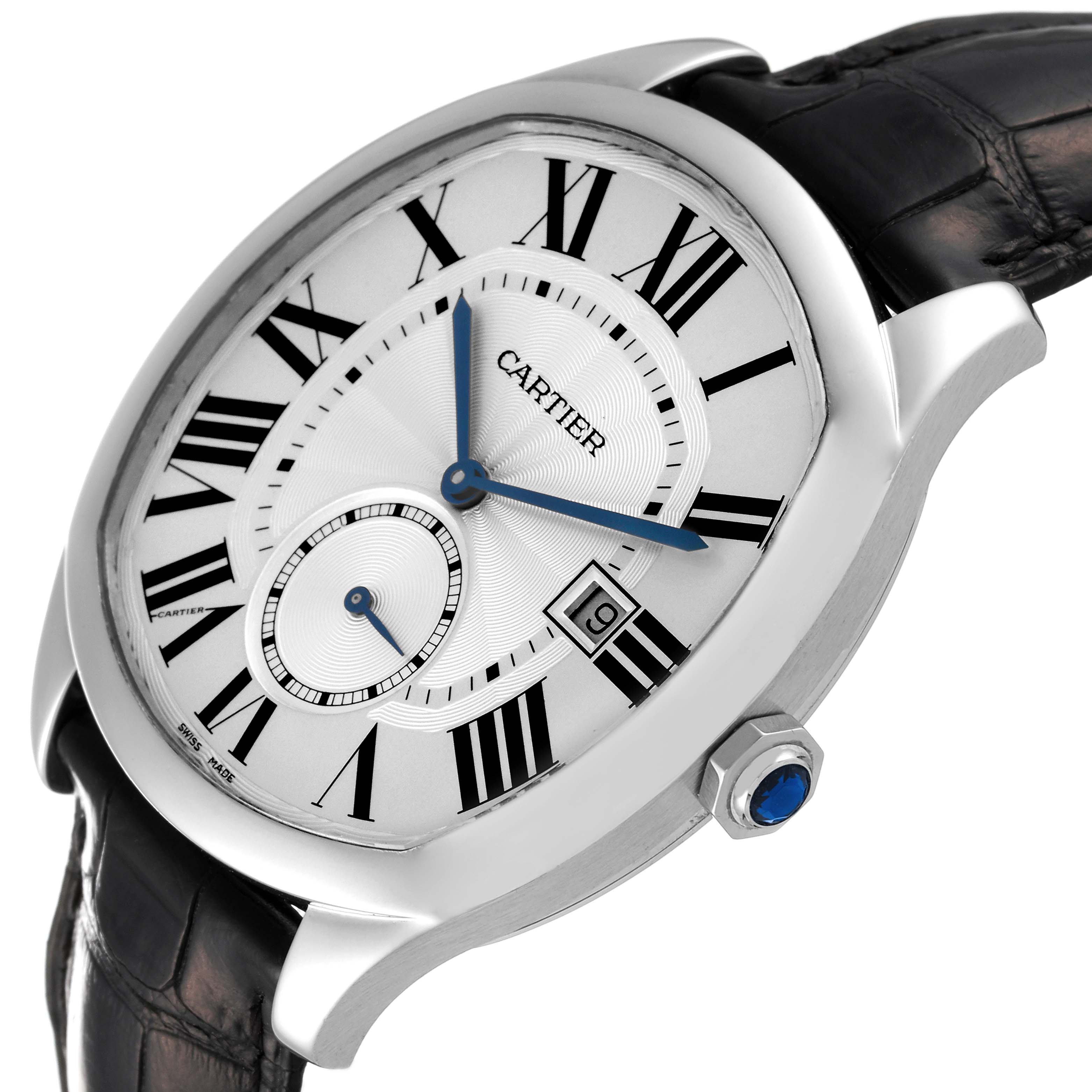 The image shows a close-up, angled view of the face and leather strap of the Drive de Cartier watch by Cartier.