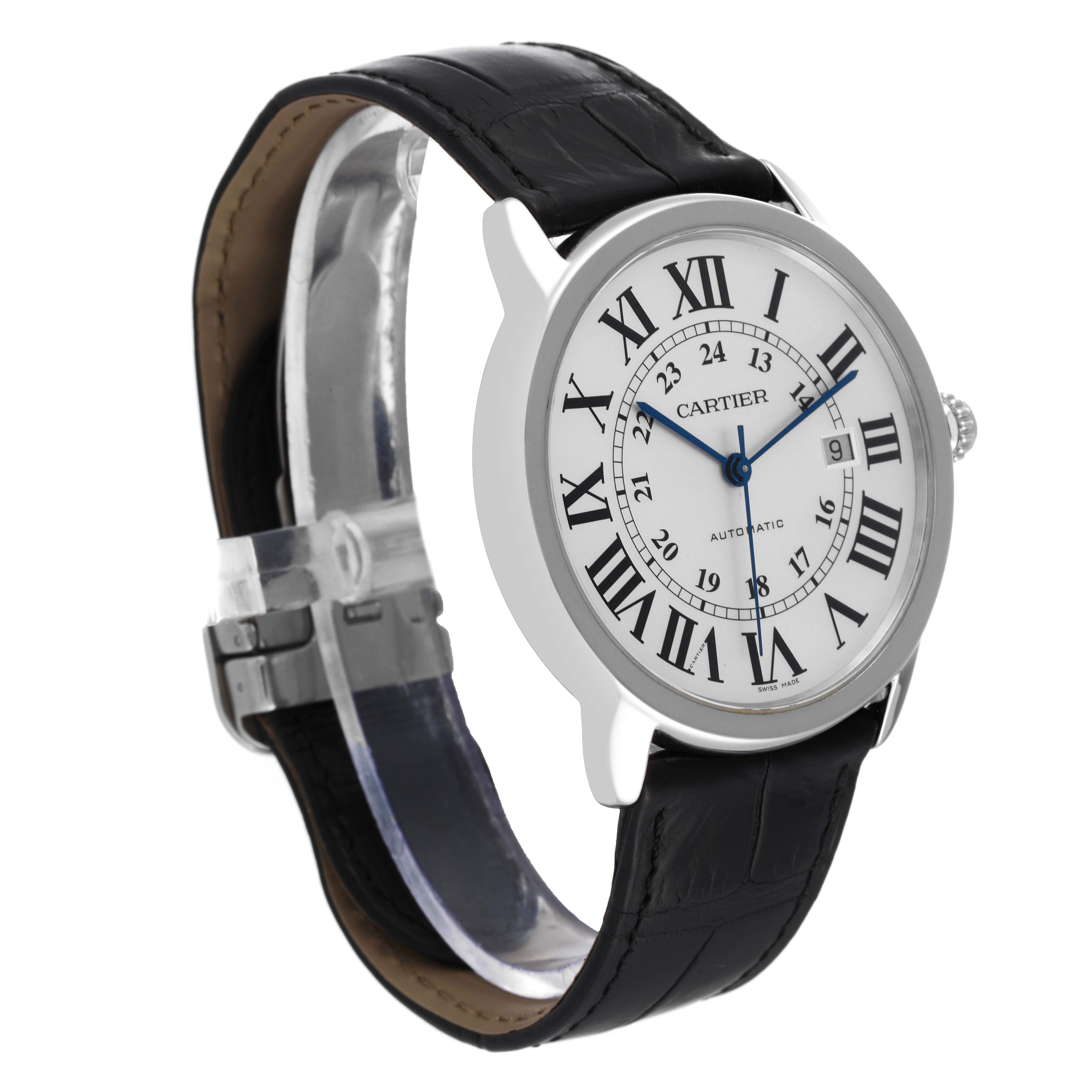 The image shows a side angle of the Cartier Ronde W6701010 Men
s Stainless Steel Silver Dial W6701010 Men
s Stainless Steel Silver Dial watch, highlighting its face, strap, and buckle.