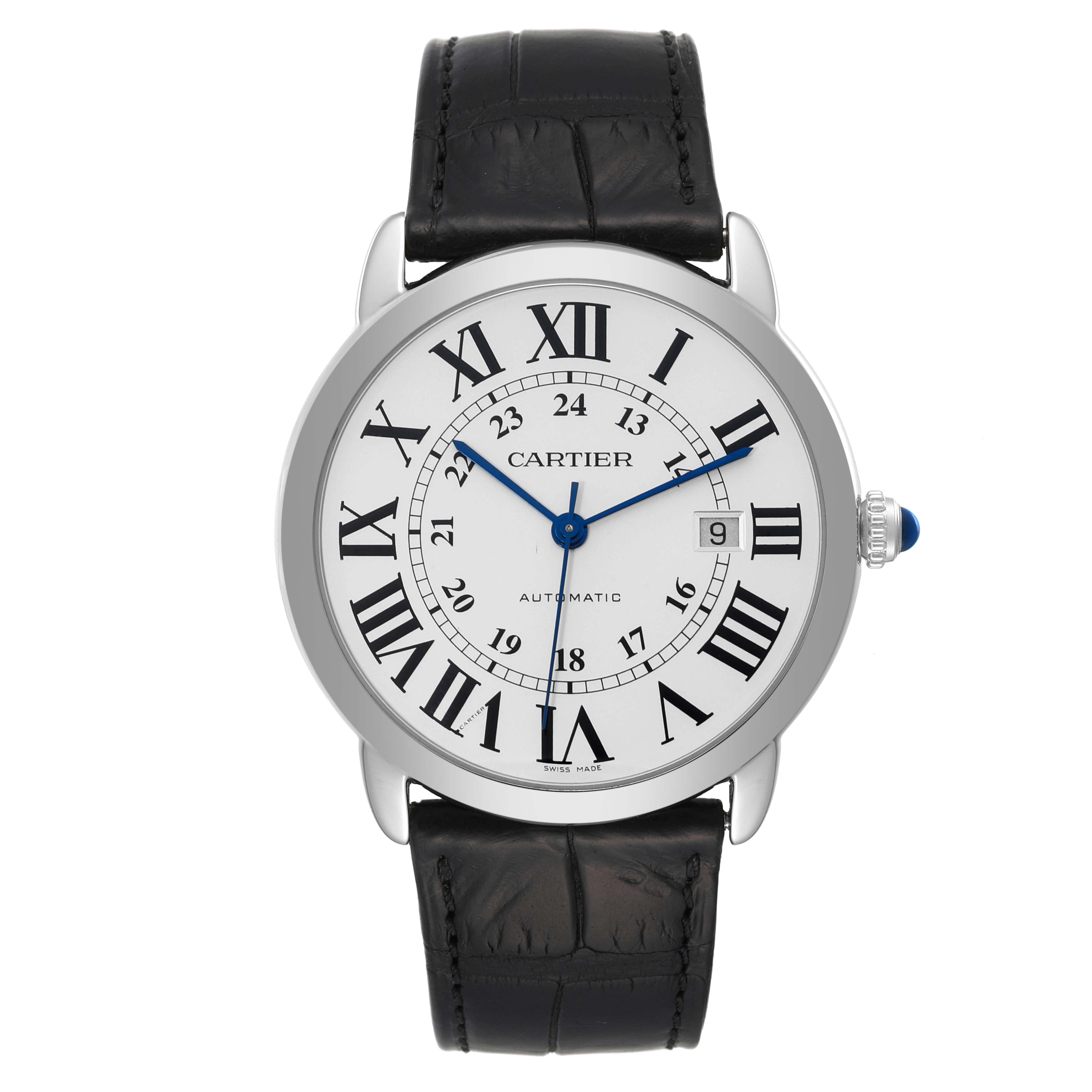 This image shows a front view of the Cartier Ronde W6701010 Men
s Stainless Steel Silver Dial W6701010 Men
s Stainless Steel Silver Dial model watch with a white dial and black leather strap.
