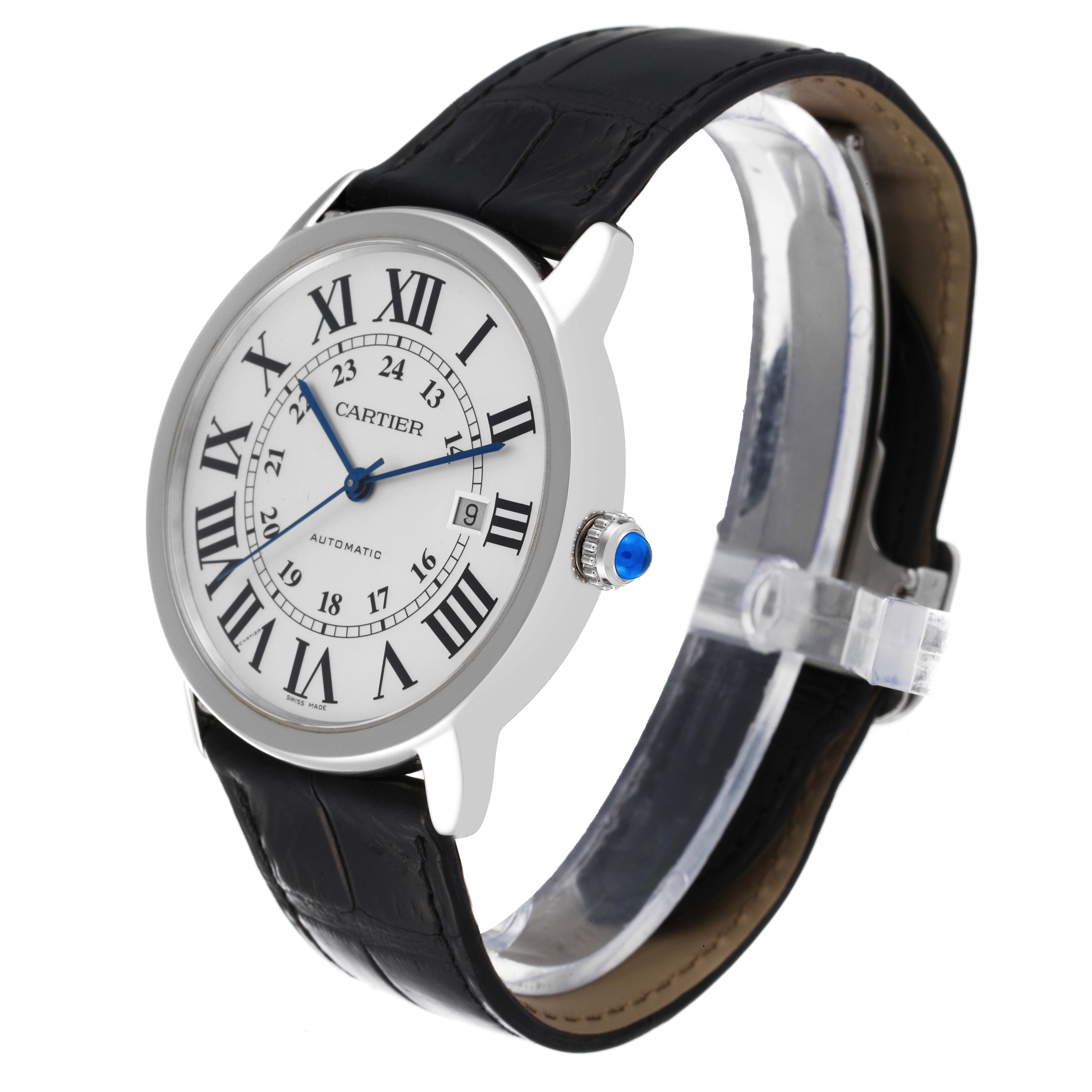 The image shows a side angle of a Cartier Ronde W6701010 Men
s Stainless Steel Silver Dial W6701010 Men
s Stainless Steel Silver Dial model watch, featuring the dial, case, crown, and leather strap.