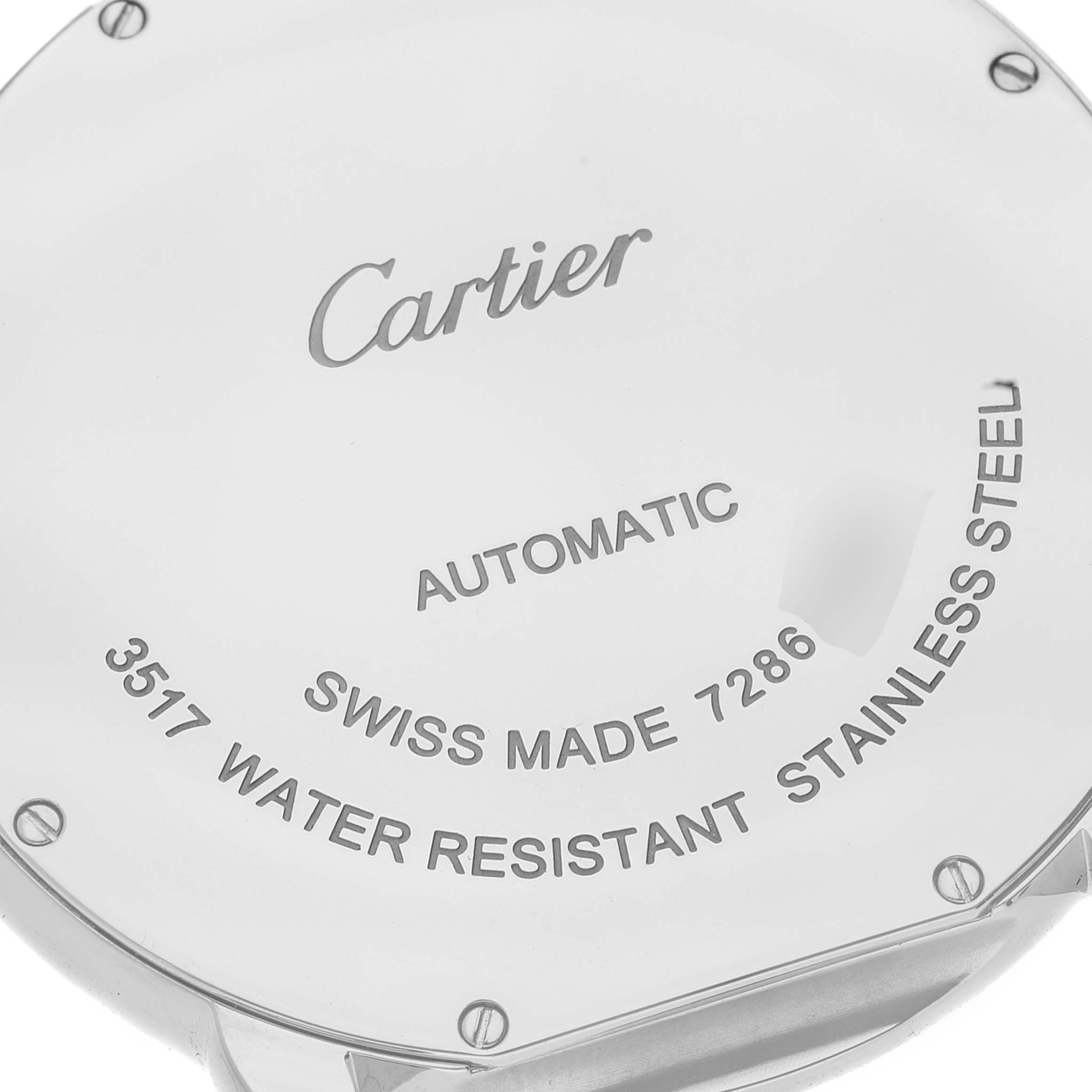 The image shows the case back of a Cartier Ronde W6701010 Men
s Stainless Steel Silver Dial W6701010 Men
s Stainless Steel Silver Dial model watch, displaying brand and specification engravings.