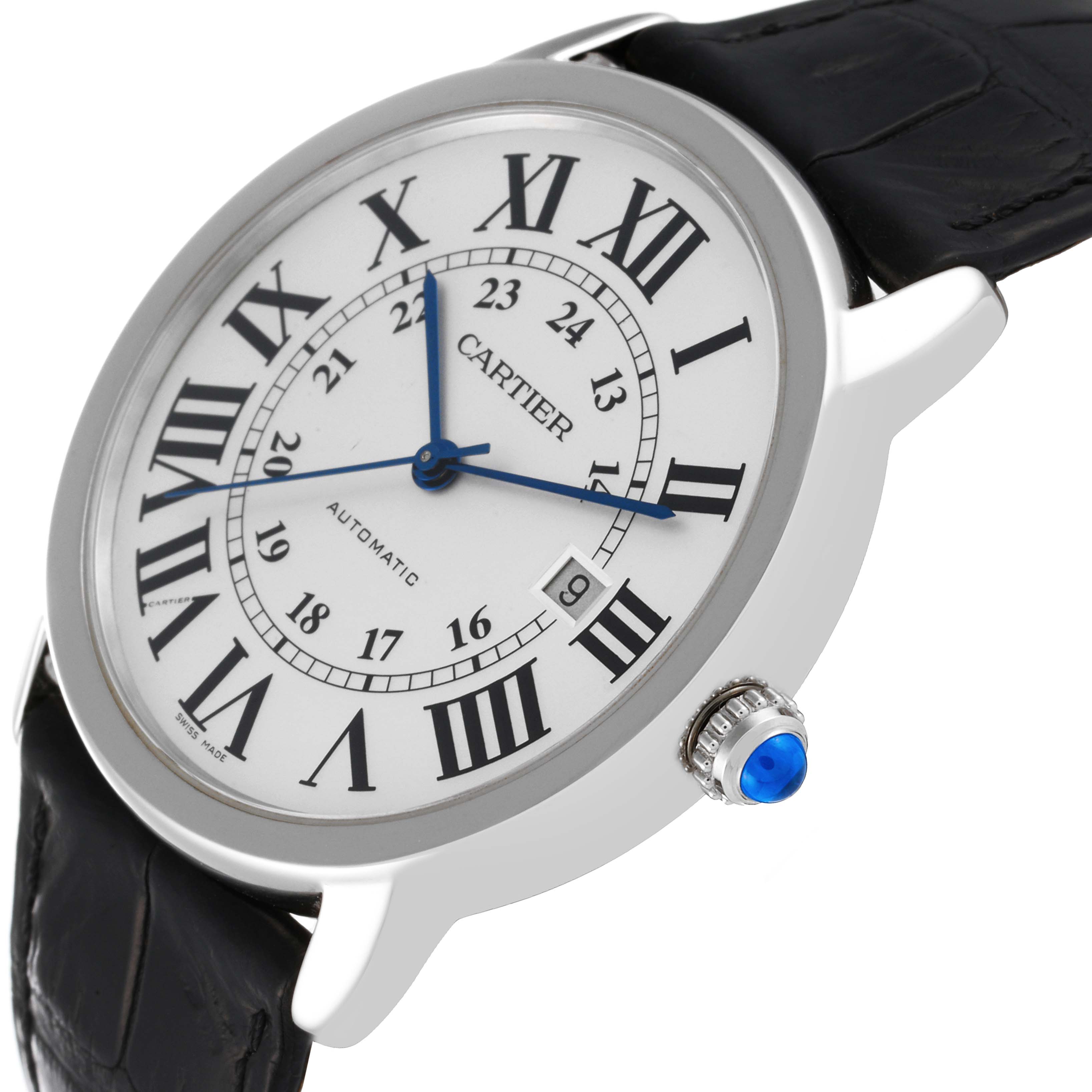 The Cartier Ronde W6701010 Men
s Stainless Steel Silver Dial W6701010 Men
s Stainless Steel Silver Dial watch is shown at an angle, highlighting its face with Roman numerals, blue hands, and a date window.