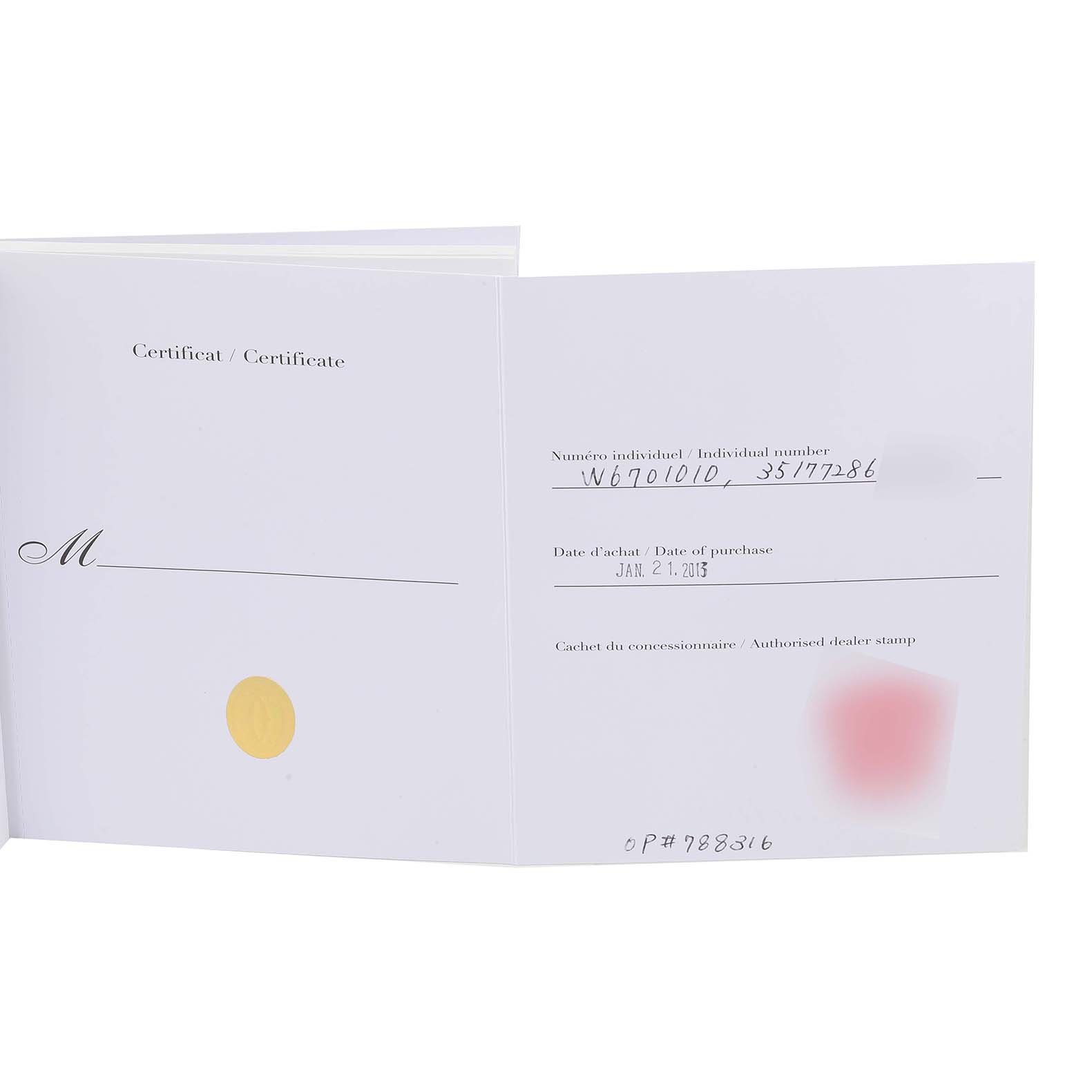 This image shows the certificate of the Ronde model by Cartier, displaying individual numbers and the date of purchase.