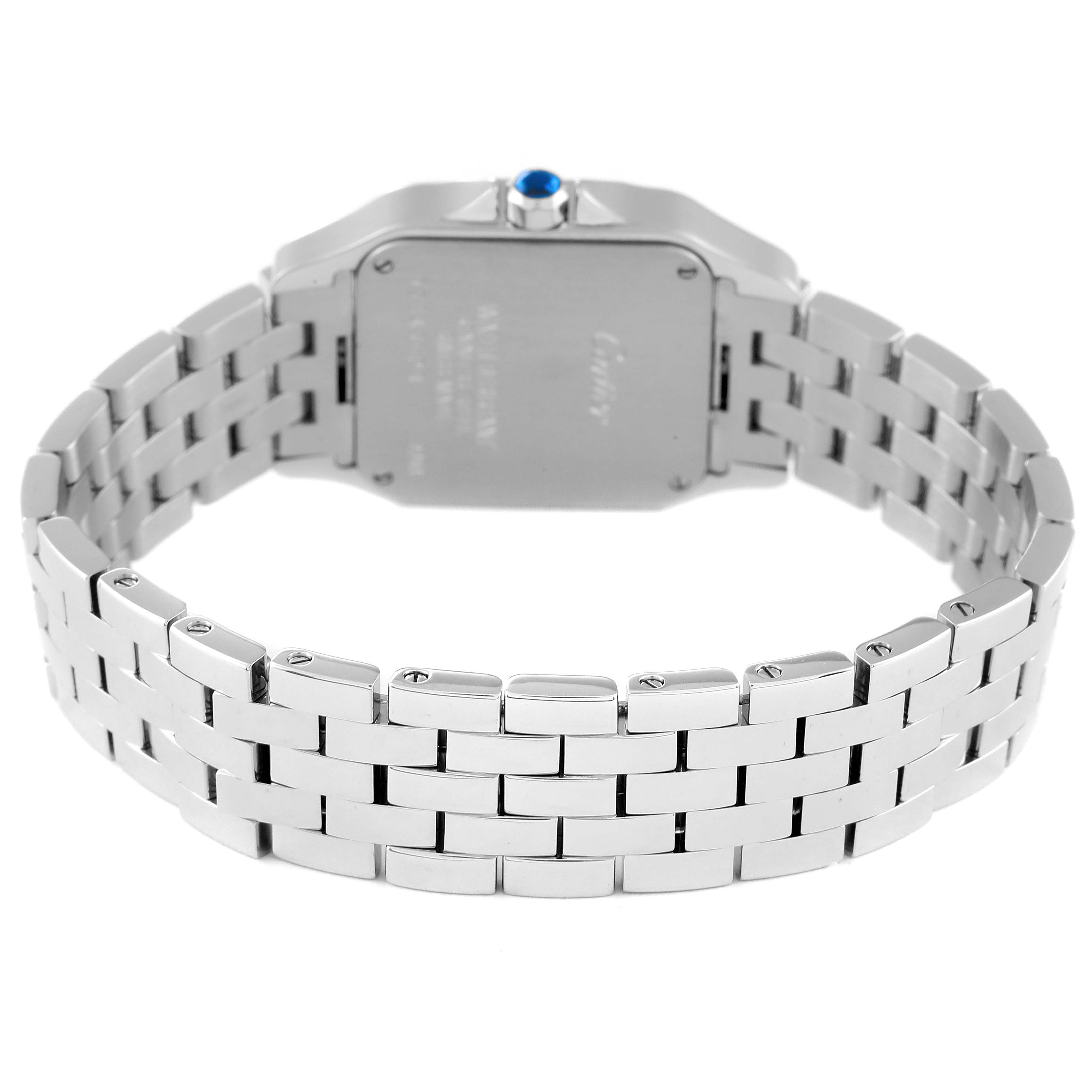 The image shows the back view of a Santos Demoiselle model by Cartier, highlighting the bracelet and case back.