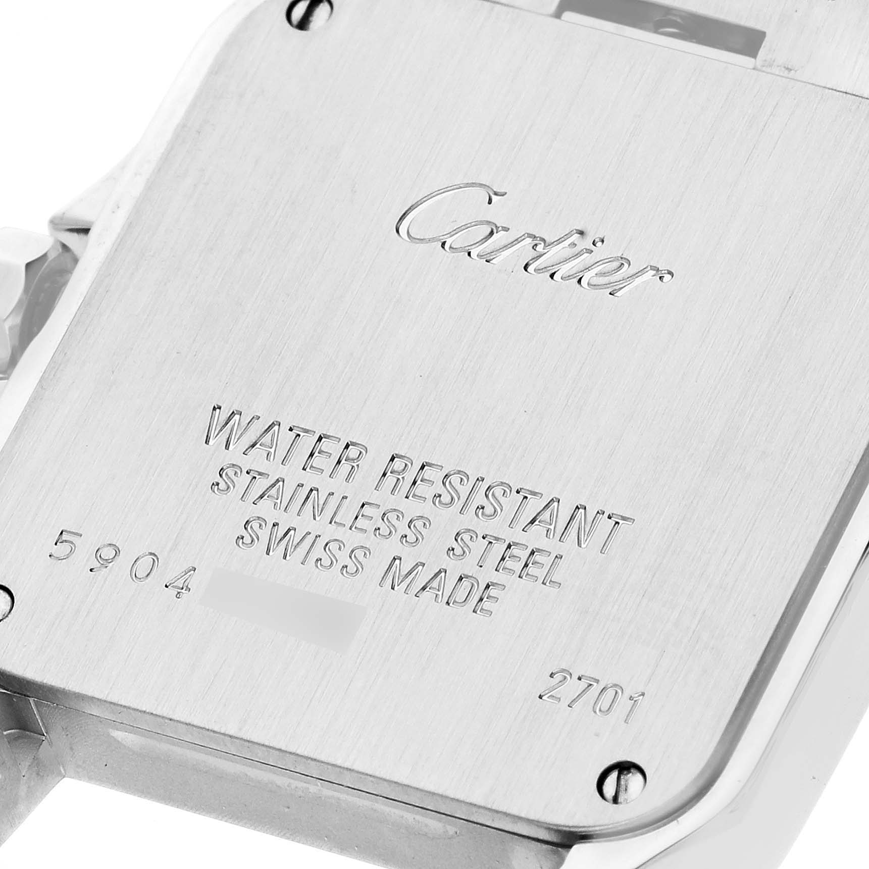 The image shows the back view of a Cartier Santos Demoiselle W25065Z5 Women's Stainless Steel Silver Dial W25065Z5 Women's Stainless Steel Silver Dial watch, highlighting its engravings and screws.