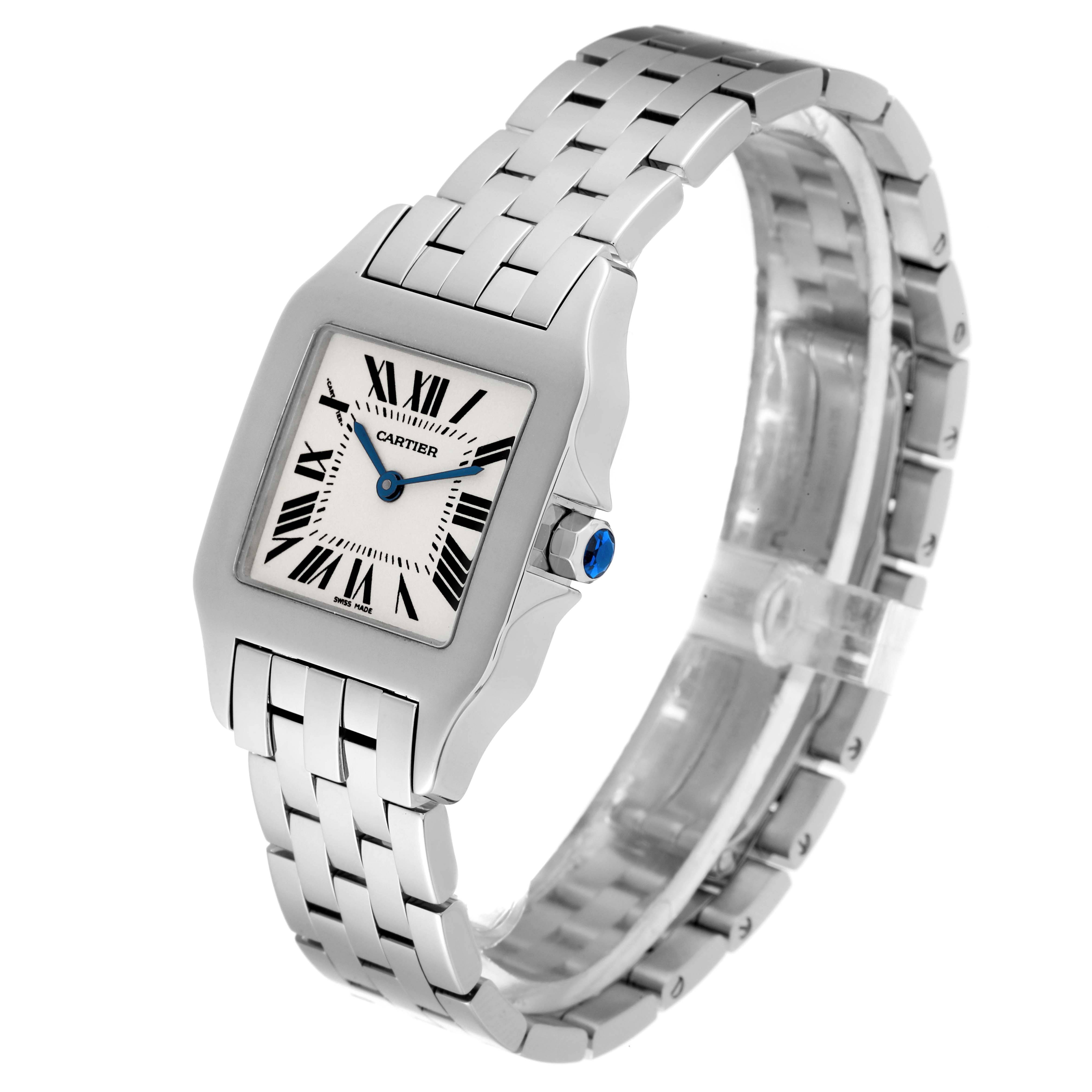 The image shows a front-angle view of the Cartier Santos Demoiselle W25065Z5 Women's Stainless Steel Silver Dial W25065Z5 Women's Stainless Steel Silver Dial watch, highlighting its rectangular face and metal bracelet.