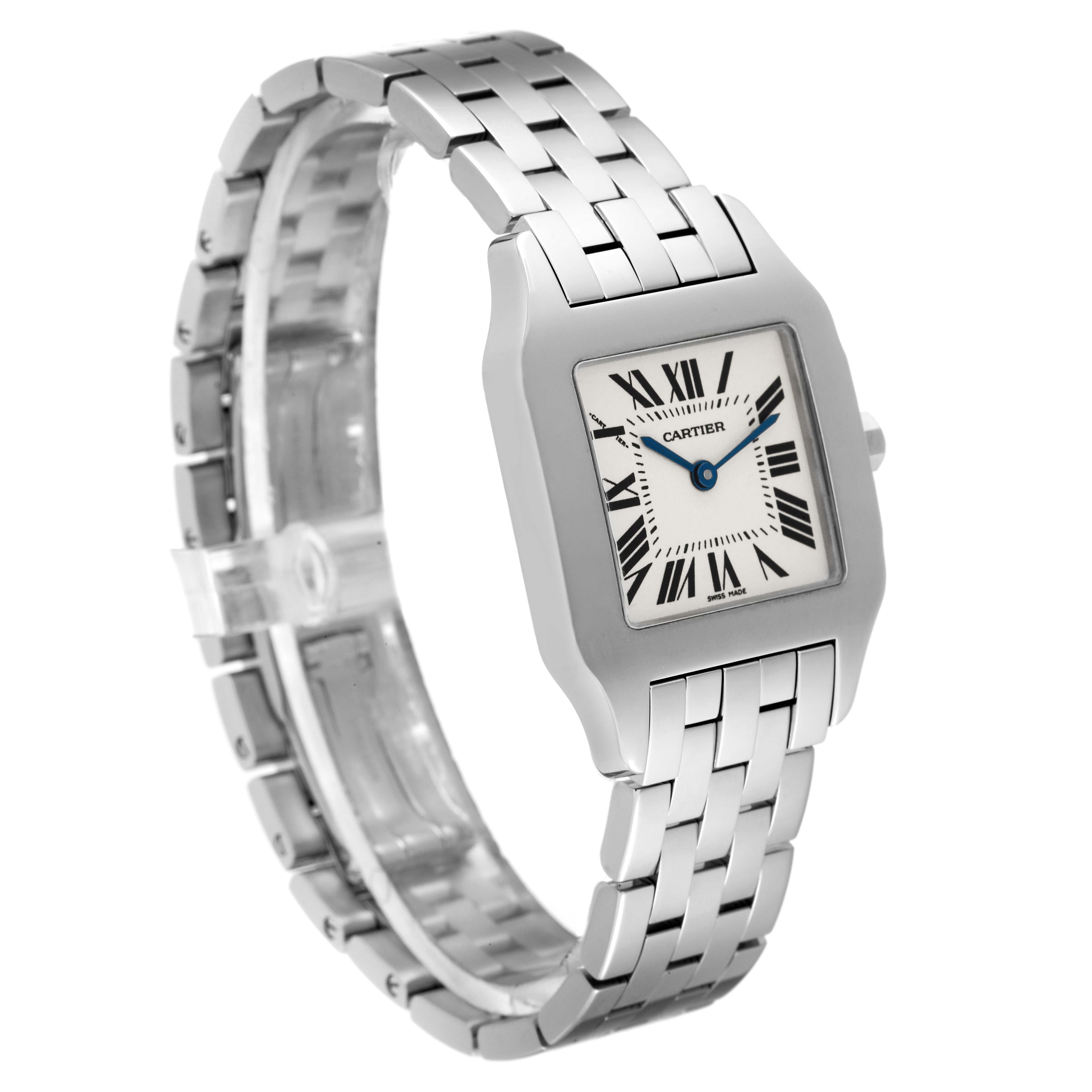 The image shows a Cartier Santos Demoiselle W25065Z5 Women's Stainless Steel Silver Dial W25065Z5 Women's Stainless Steel Silver Dial watch from an angled side view, highlighting its bracelet and rectangular face.