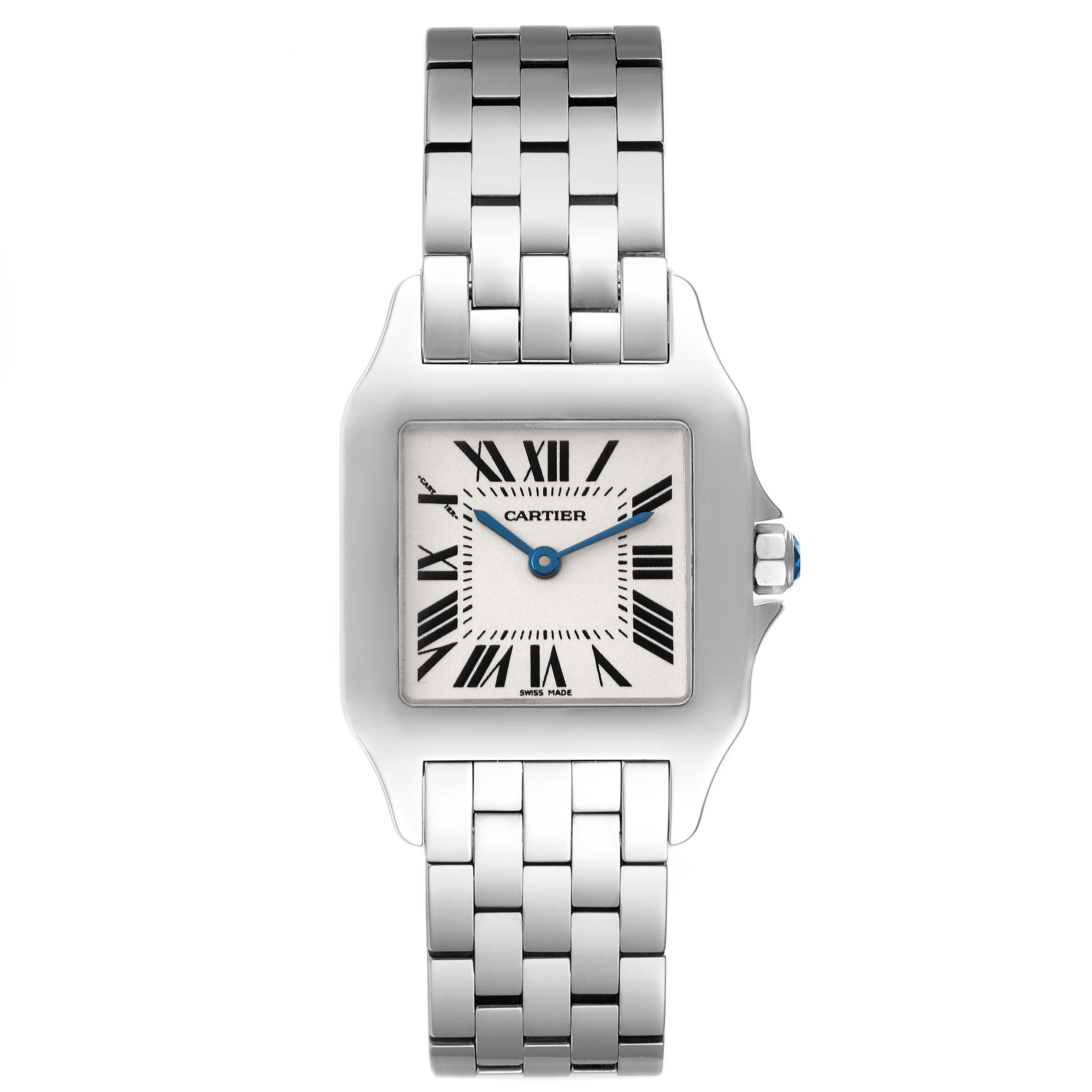 The image shows the Cartier Santos Demoiselle W25065Z5 Women's Stainless Steel Silver Dial W25065Z5 Women's Stainless Steel Silver Dial watch from a top-down view, displaying the face, bracelet, and crown.