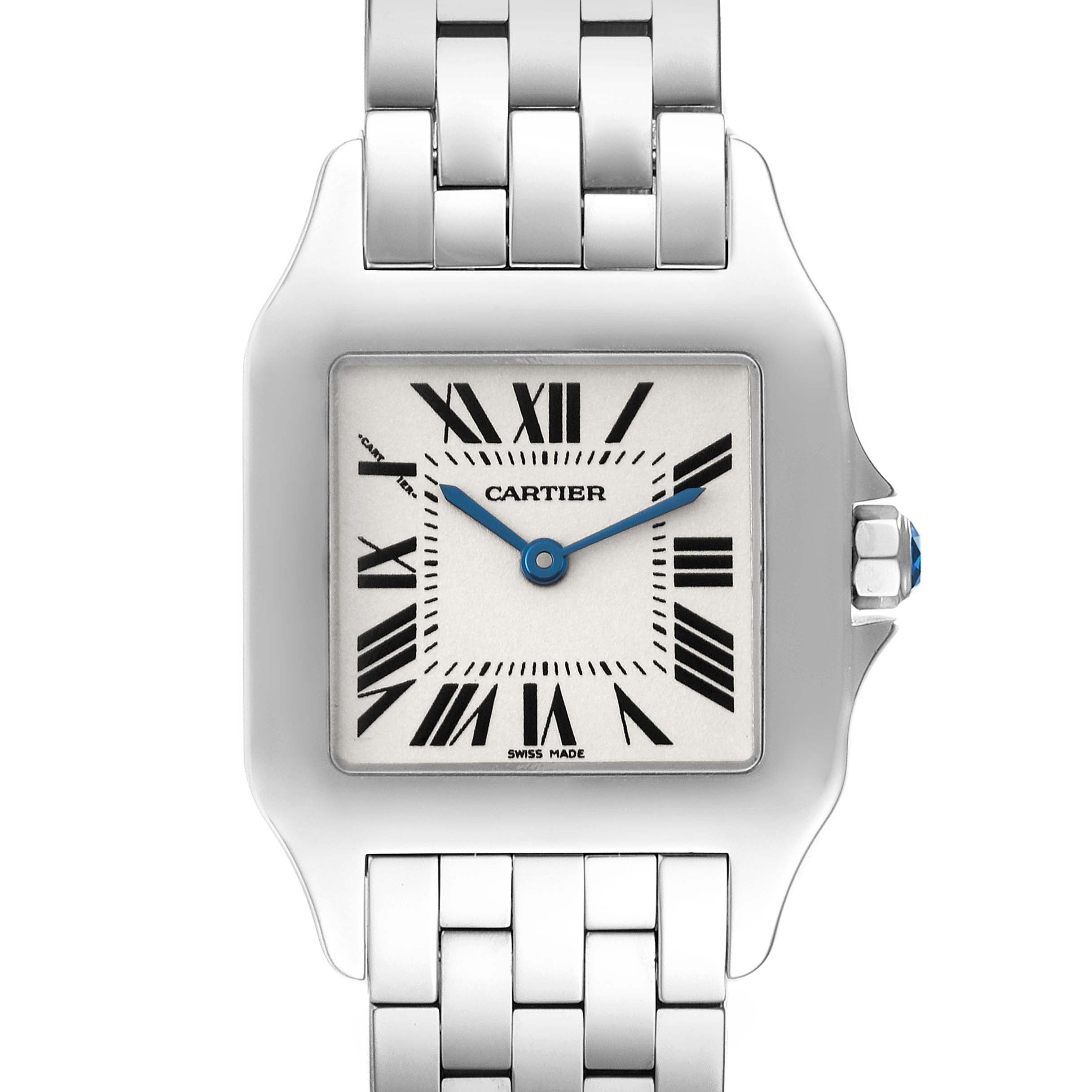 This is a front view of the Cartier Santos Demoiselle W25065Z5 Women's Stainless Steel Silver Dial W25065Z5 Women's Stainless Steel Silver Dial watch, showcasing its face, bezel, and part of the bracelet.