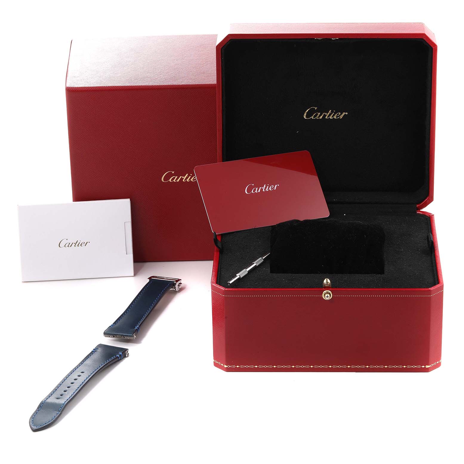 The image shows a Cartier Santos WSSA0030 Men
s Stainless Steel Blue Dial WSSA0030 Men
s Stainless Steel Blue Dial watch box, warranty card, and two watch straps.