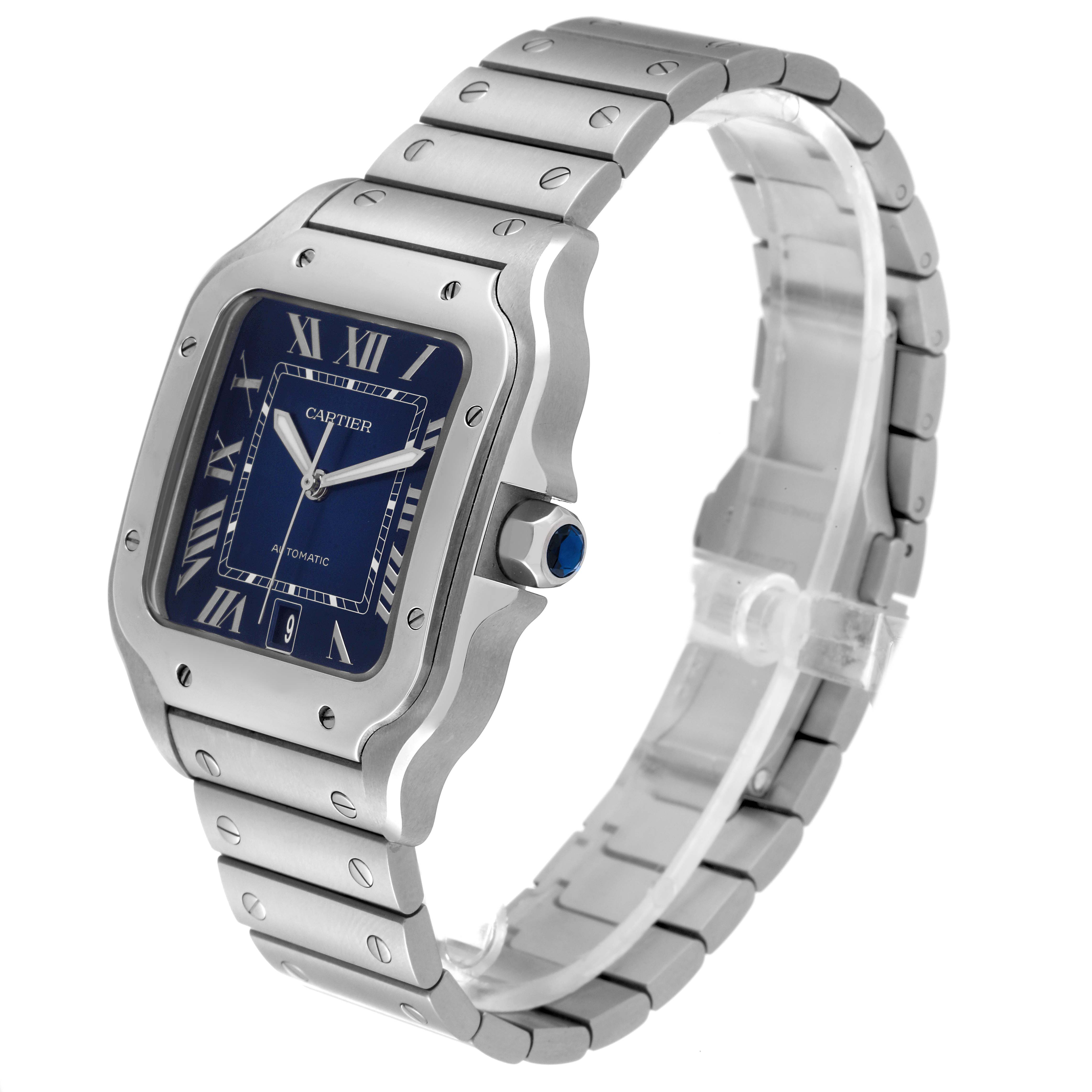 The image shows a Cartier Santos WSSA0030 Men
s Stainless Steel Blue Dial WSSA0030 Men
s Stainless Steel Blue Dial watch at a three-quarter angle highlighting its blue dial, roman numerals, and metal bracelet.