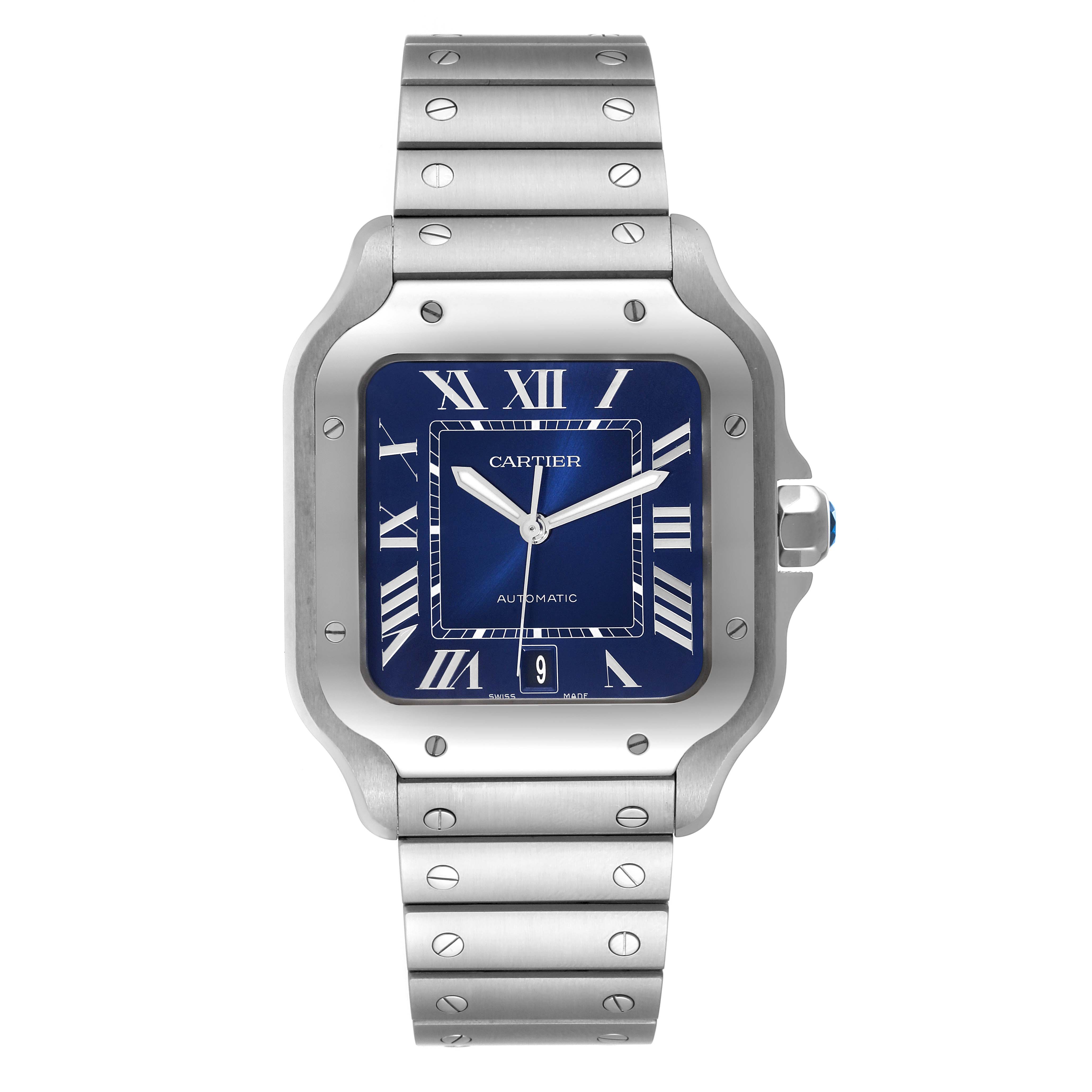 The image shows a head-on view of a Cartier Santos WSSA0030 Men
s Stainless Steel Blue Dial WSSA0030 Men
s Stainless Steel Blue Dial watch, highlighting its face and stainless steel bracelet.