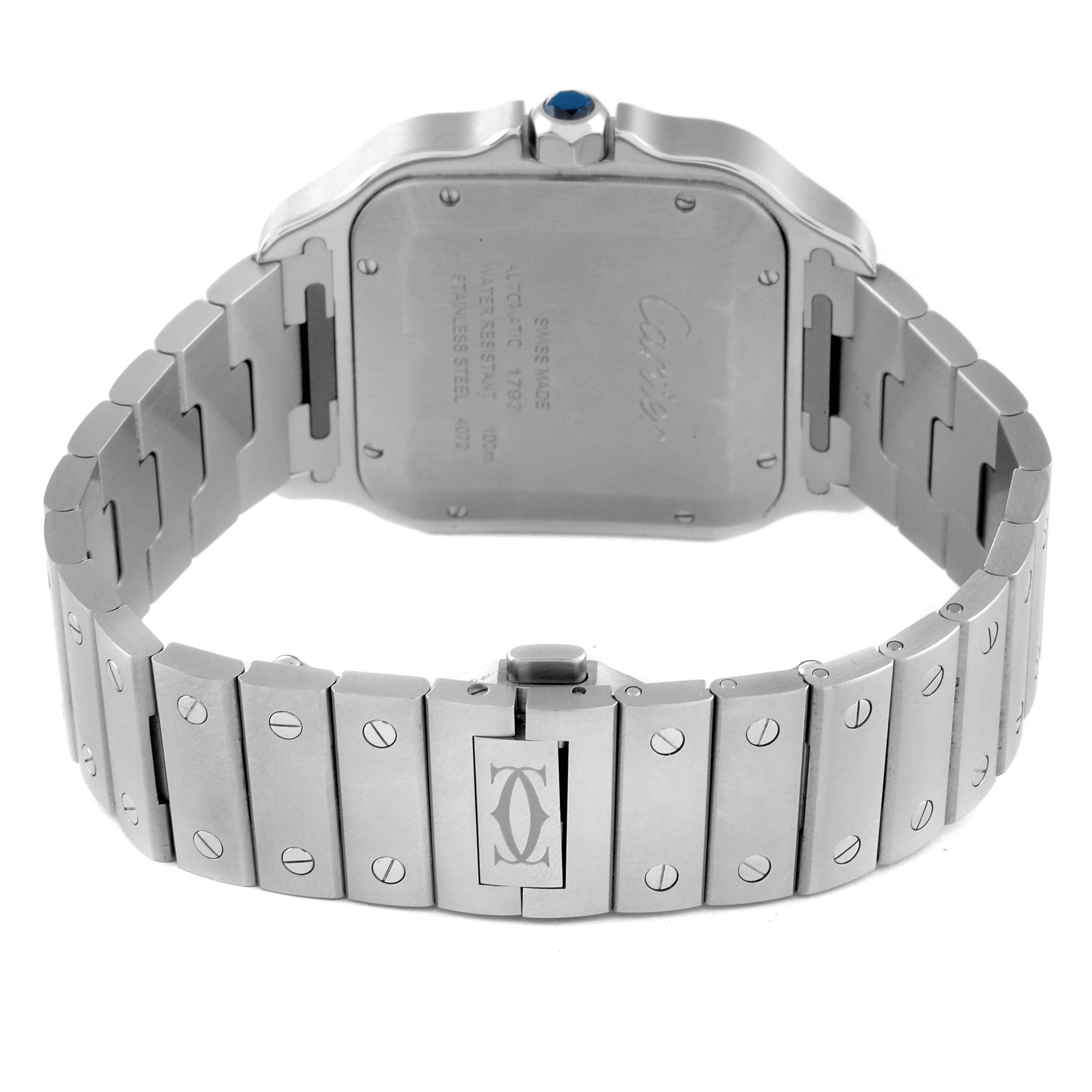The image shows the rear view of the Cartier Santos WSSA0030 Men
s Stainless Steel Blue Dial WSSA0030 Men
s Stainless Steel Blue Dial watch, highlighting the case back, bracelet, and clasp with the logo.