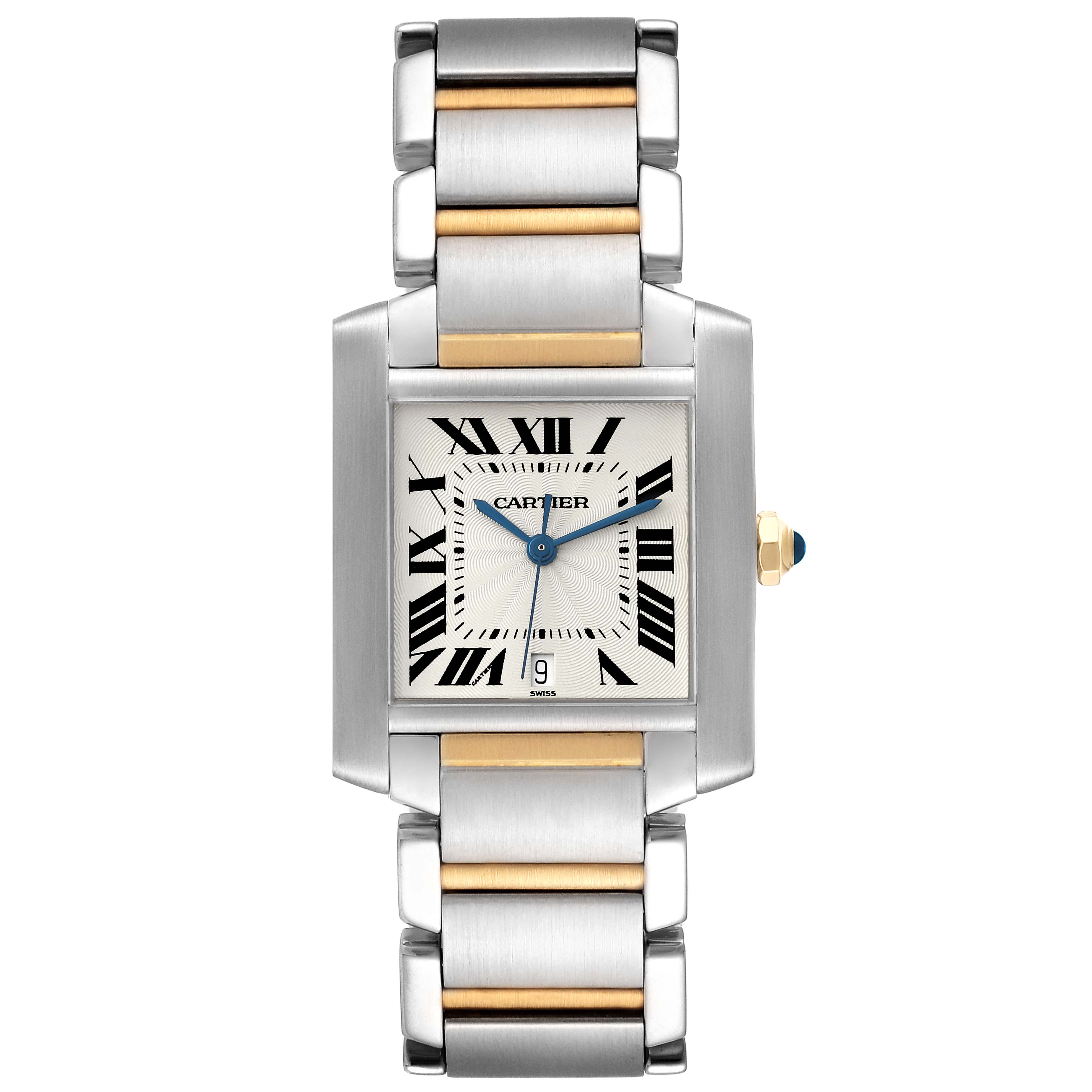The image shows a front view of the Cartier Tank Francaise W51005Q4 Men
s Steel and Gold (two tone) Silver Dial W51005Q4 Men
s Steel and Gold (two tone) Silver Dial watch, highlighting its bracelet, bezel, dial, and crown.