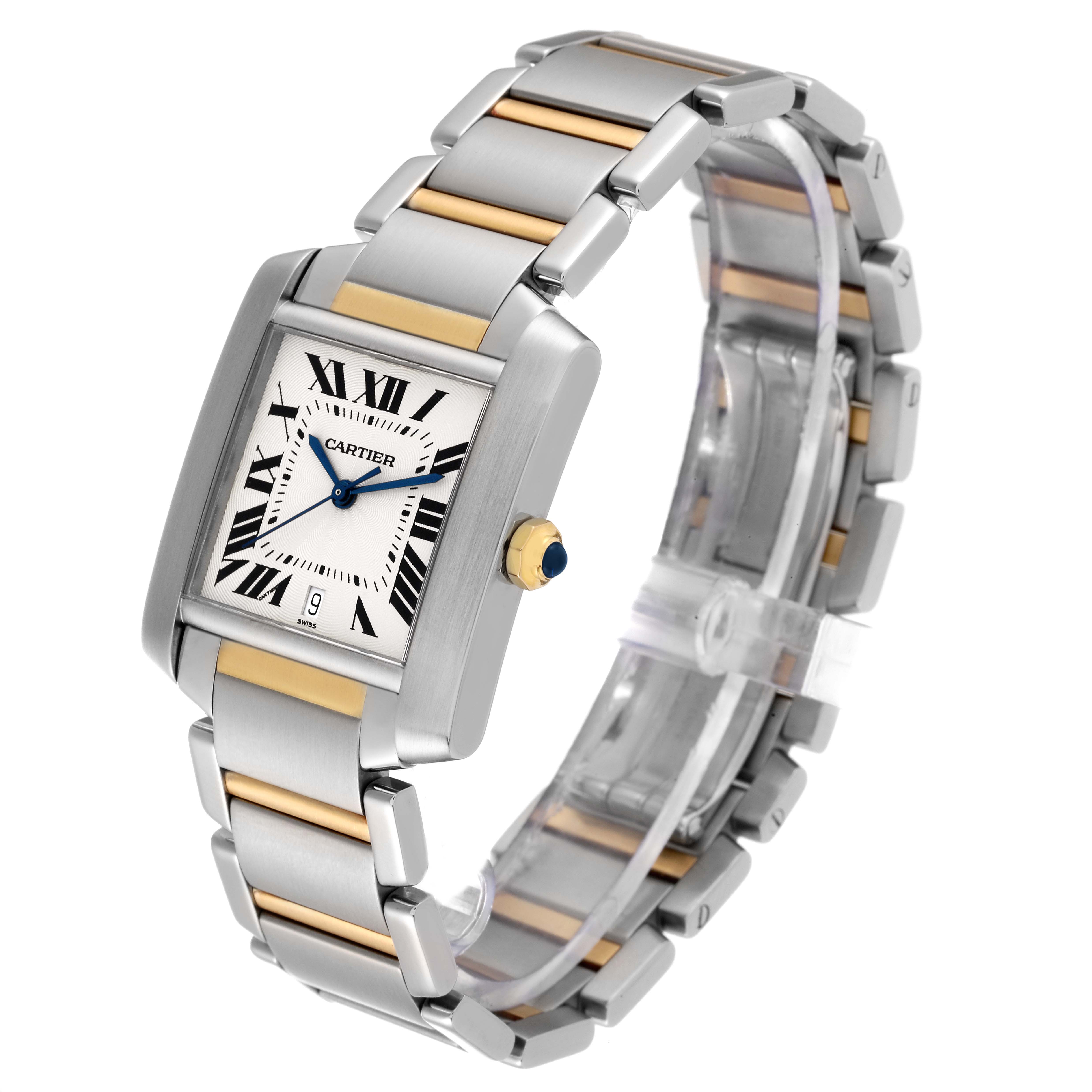 This Cartier Tank Francaise W51005Q4 Men
s Steel and Gold (two tone) Silver Dial W51005Q4 Men
s Steel and Gold (two tone) Silver Dial watch is shown at an angled side view, displaying its silver and gold bracelet and rectangular face.