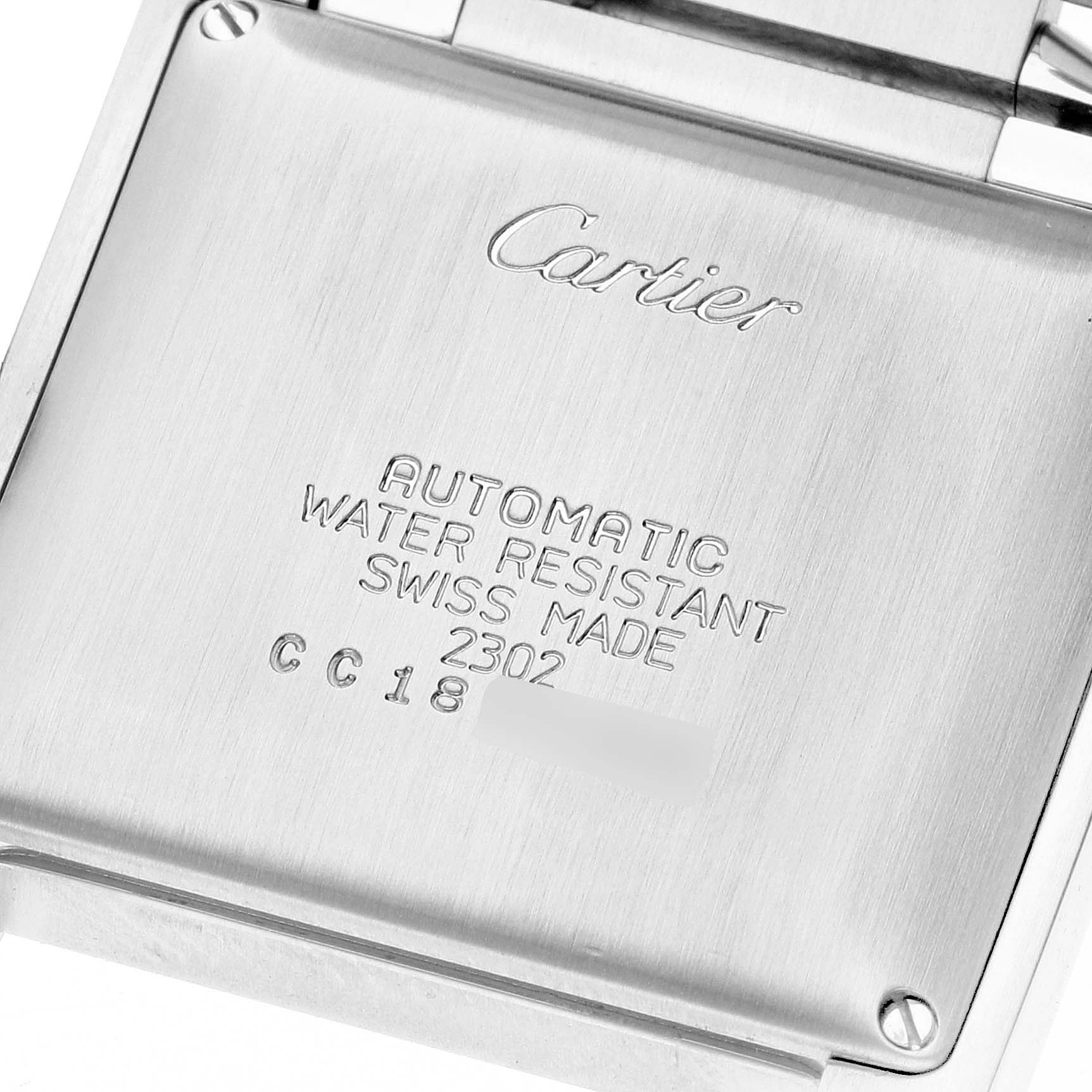 The image shows the back case of a Cartier Tank Francaise W51005Q4 Men
s Steel and Gold (two tone) Silver Dial W51005Q4 Men
s Steel and Gold (two tone) Silver Dial watch, displaying its engravings and brushed metal finish.