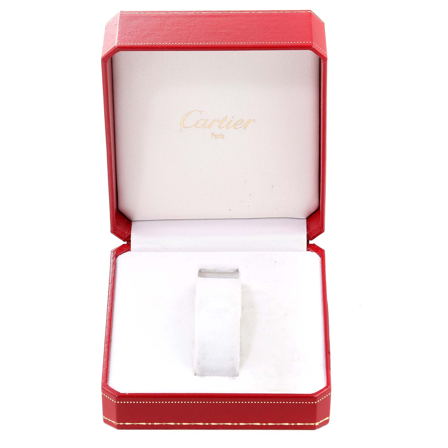 The image shows an open Cartier box for the Tank Française model, with no watch inside.