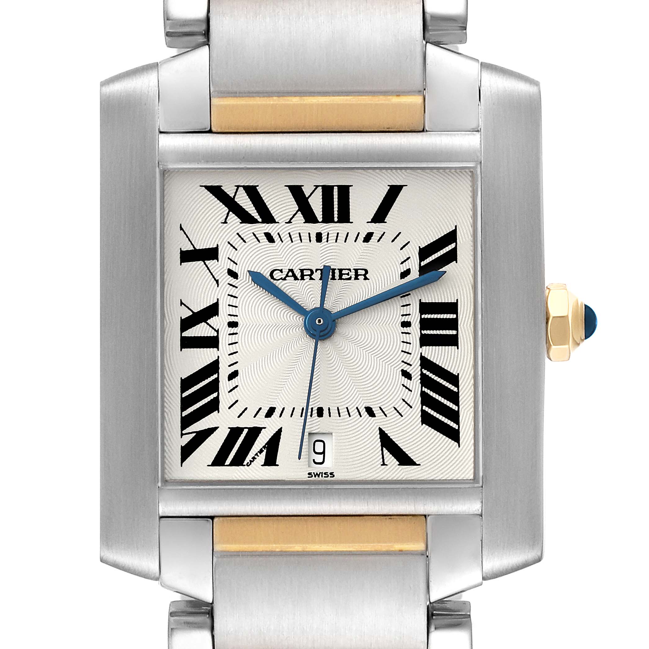 This image shows a front view of the Cartier Tank Francaise W51005Q4 Men
s Steel and Gold (two tone) Silver Dial W51005Q4 Men
s Steel and Gold (two tone) Silver Dial watch, highlighting the dial, hands, crown, and part of the bracelet.