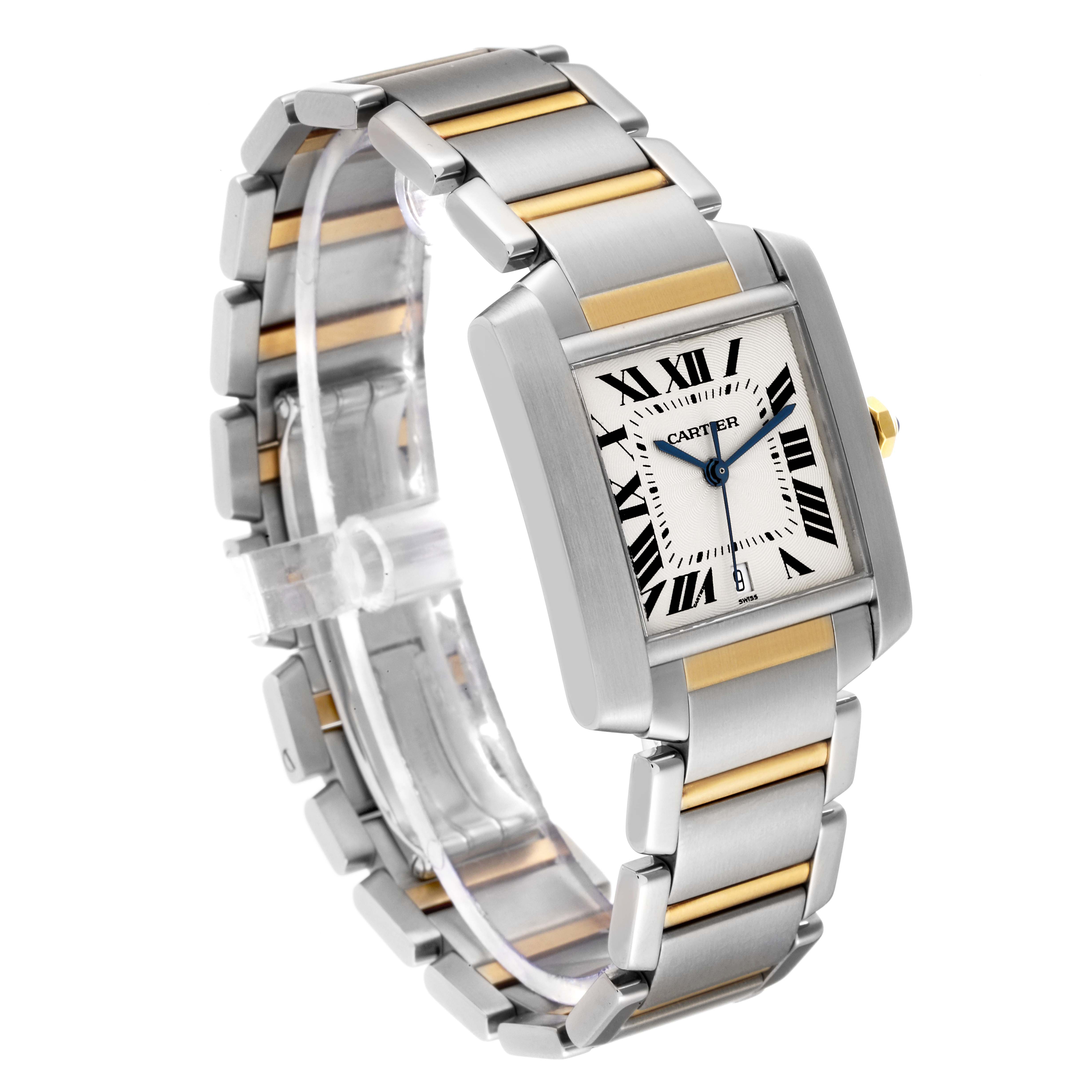 This Cartier Tank Francaise W51005Q4 Men
s Steel and Gold (two tone) Silver Dial W51005Q4 Men
s Steel and Gold (two tone) Silver Dial watch is shown at a 3/4 angle, highlighting the face, bracelet, and clasp.