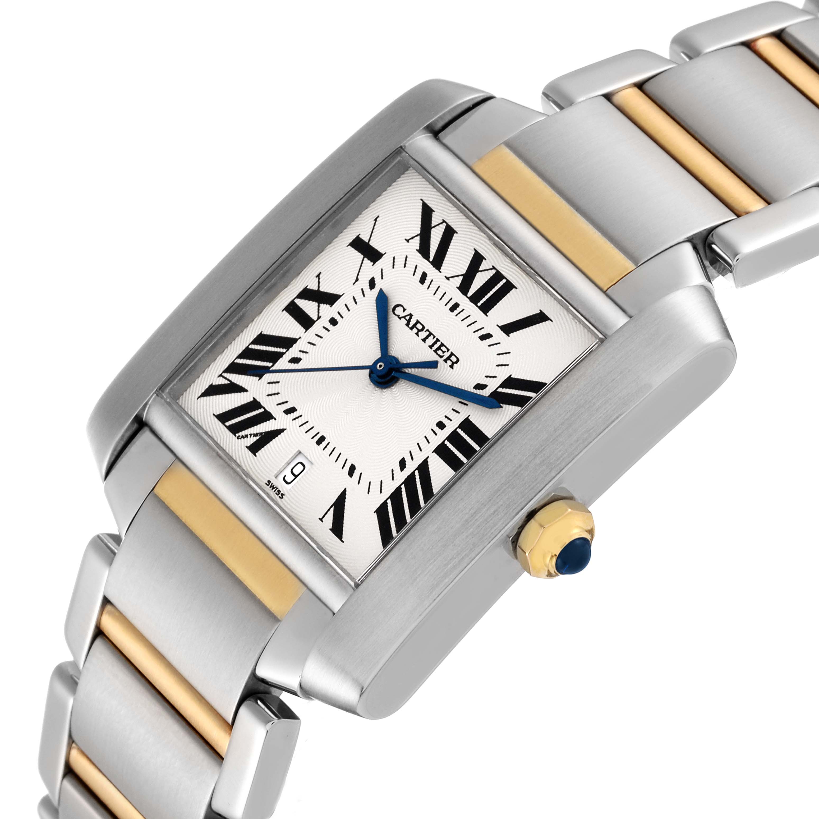 The image shows a close-up angled view of the Cartier Tank Francaise W51005Q4 Men
s Steel and Gold (two tone) Silver Dial W51005Q4 Men
s Steel and Gold (two tone) Silver Dial watch face and metal bracelet.