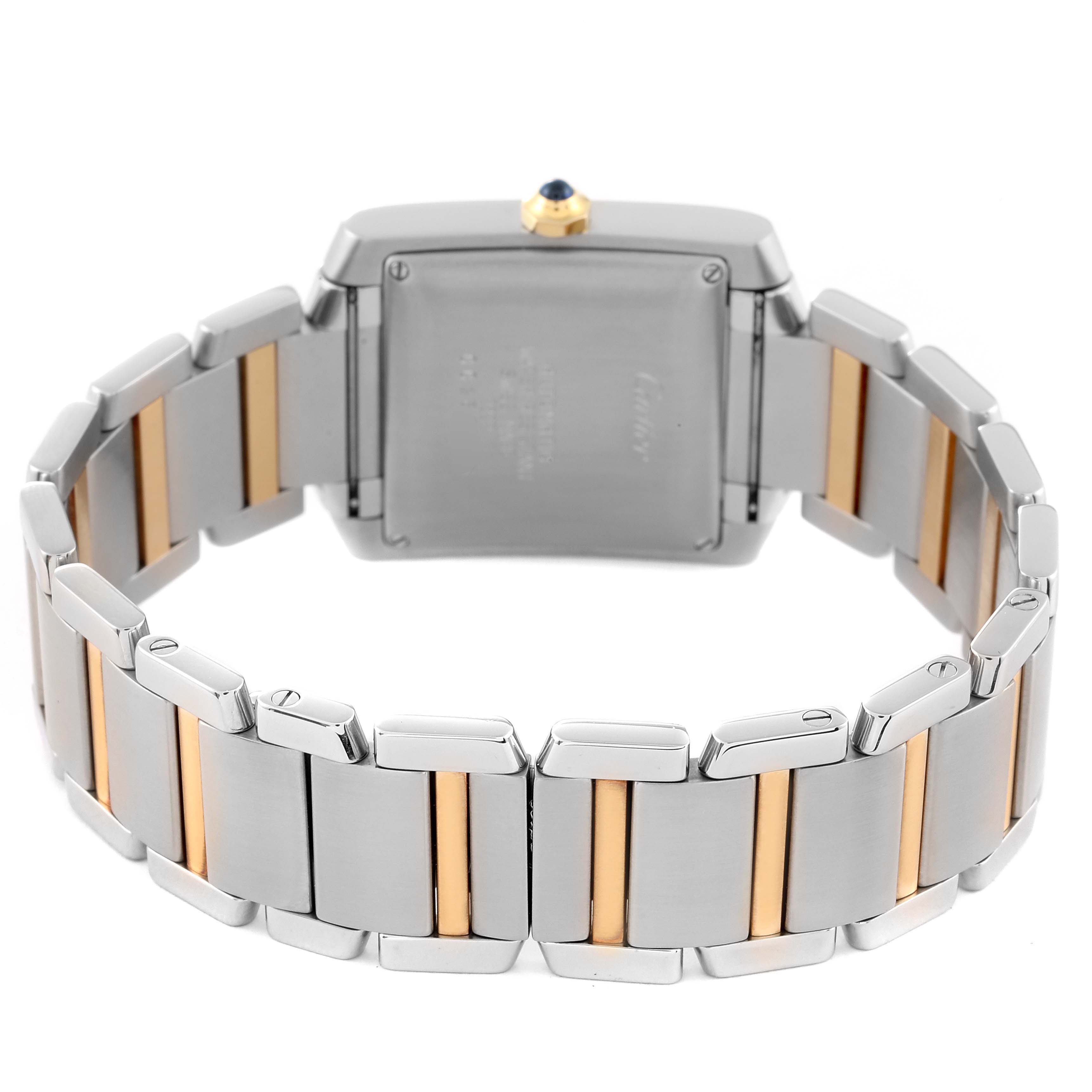 This image shows the back and bracelet of a Cartier Tank Francaise W51005Q4 Men
s Steel and Gold (two tone) Silver Dial W51005Q4 Men
s Steel and Gold (two tone) Silver Dial watch, highlighting the two-tone metal links.