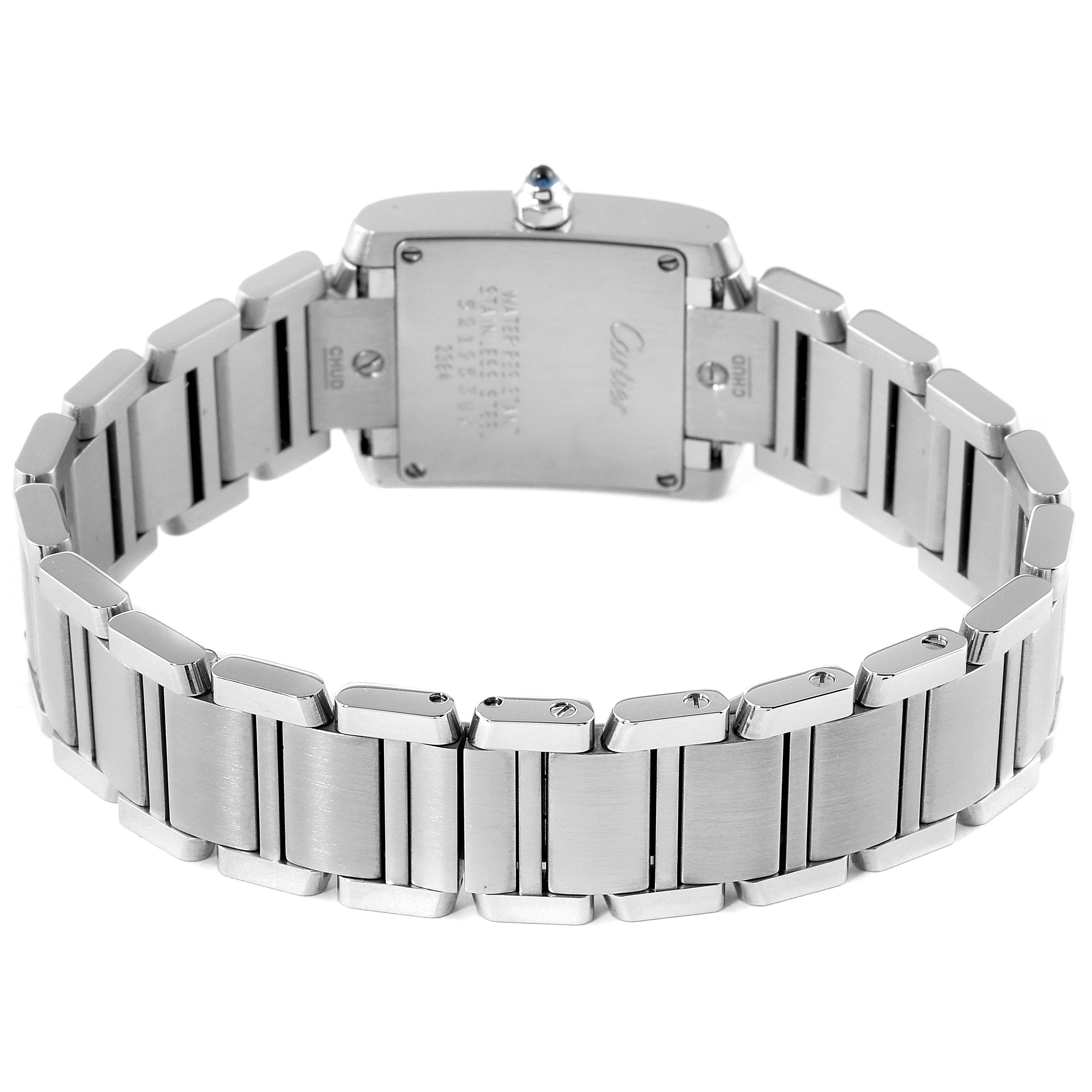 This image shows the back view of a Cartier Tank Francaise W51008Q3 Women's Stainless Steel Silver Dial W51008Q3 Women's Stainless Steel Silver Dial watch, highlighting its stainless steel bracelet and case back.