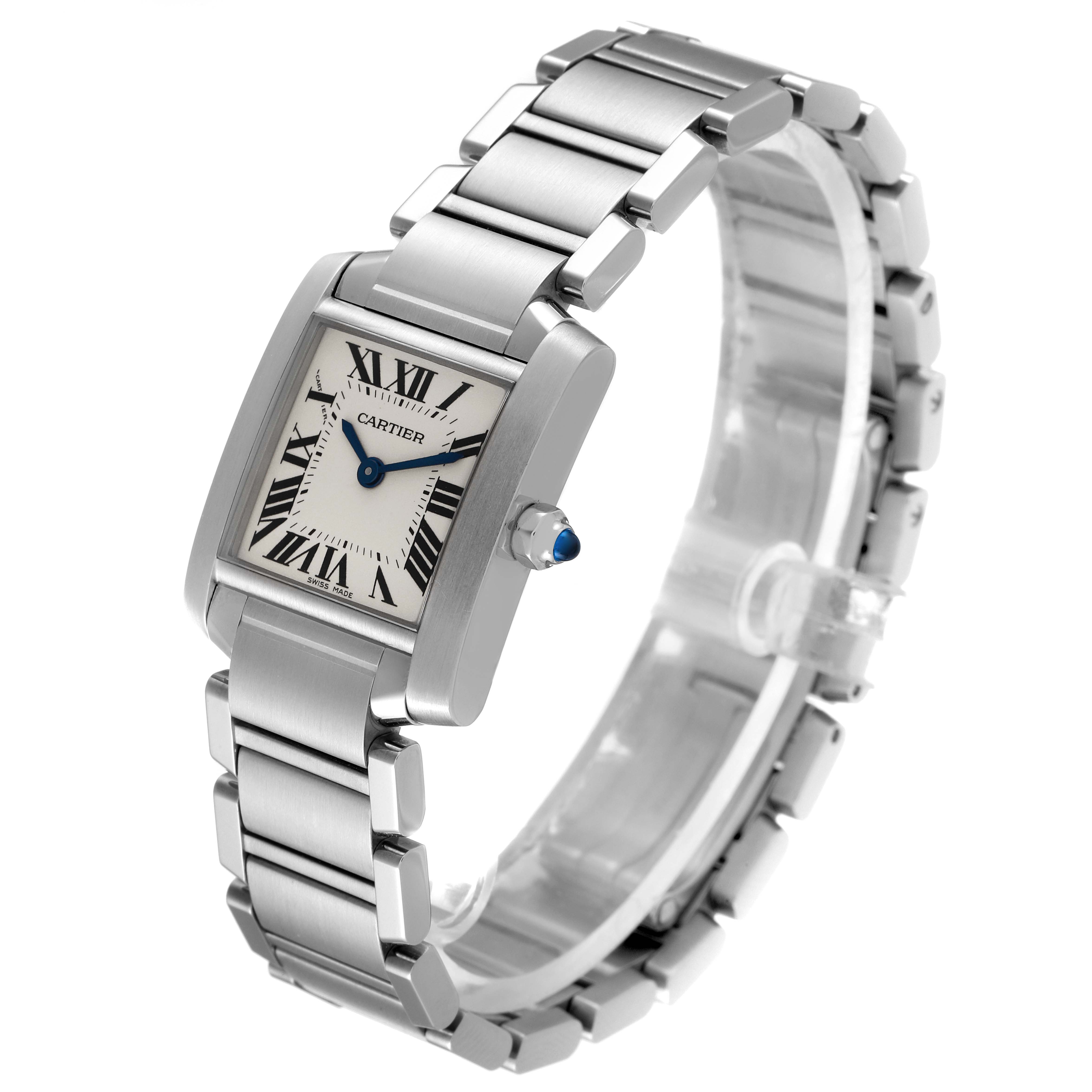 The image shows a side view of the Cartier Tank Francaise W51008Q3 Women's Stainless Steel Silver Dial W51008Q3 Women's Stainless Steel Silver Dial watch, highlighting its bracelet, dial, and crown.