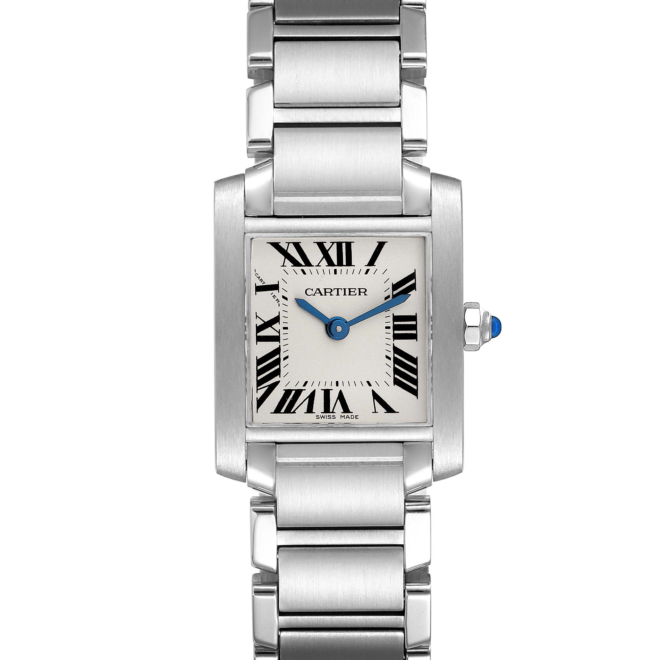 The image shows a Cartier Tank Francaise W51008Q3 Women's Stainless Steel Silver Dial W51008Q3 Women's Stainless Steel Silver Dial watch from a front angle, highlighting the dial, bracelet, and crown.