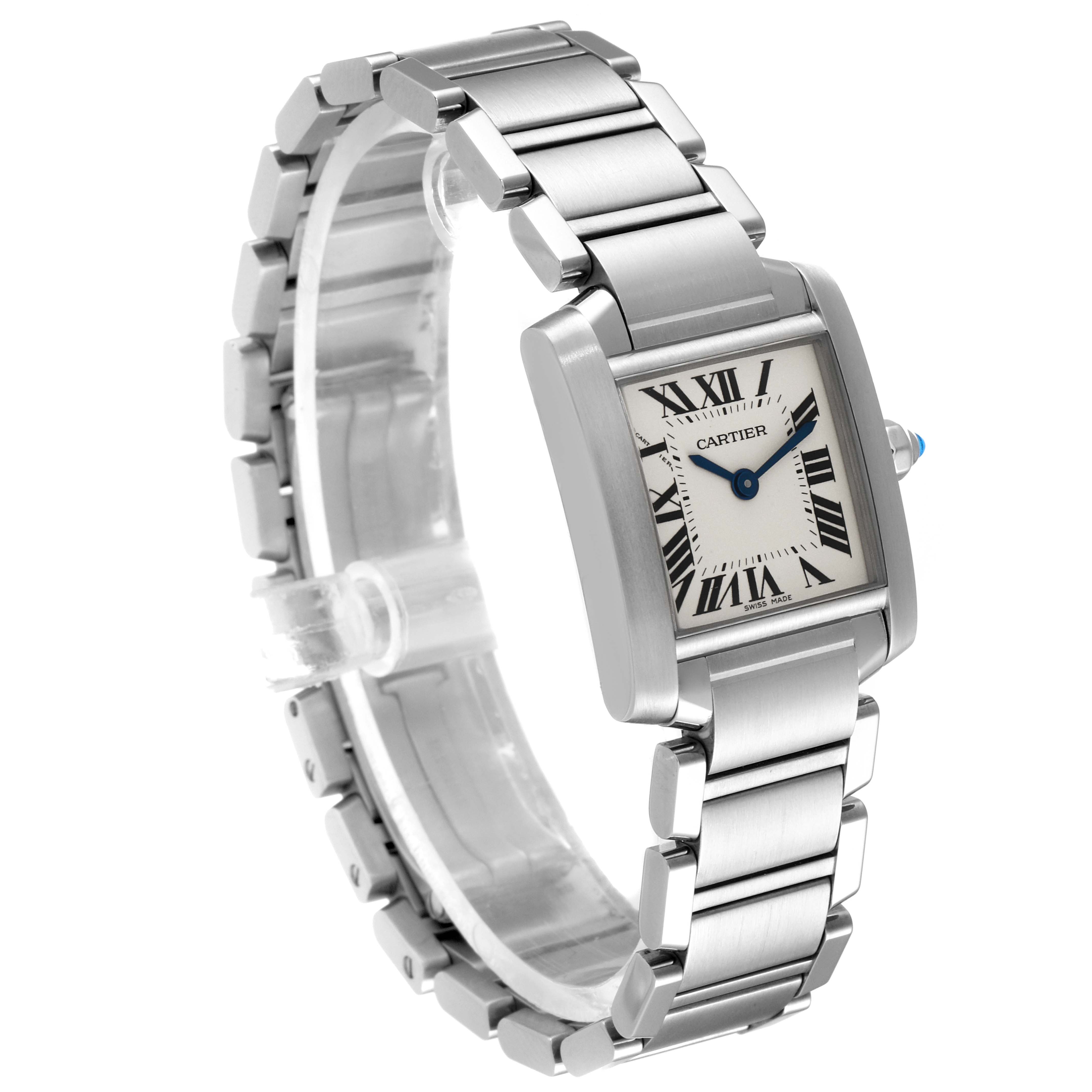 The image shows a silver Cartier Tank Francaise W51008Q3 Women's Stainless Steel Silver Dial W51008Q3 Women's Stainless Steel Silver Dial watch at a slight angle, displaying its rectangular face, roman numerals, and metal bracelet.