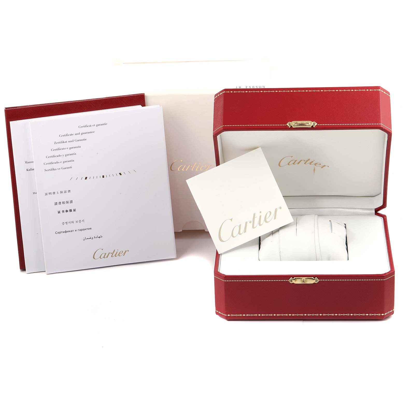 The image shows the packaging and accessories for a Cartier Tank Française watch, including the box, warranty booklet, and instruction manuals.