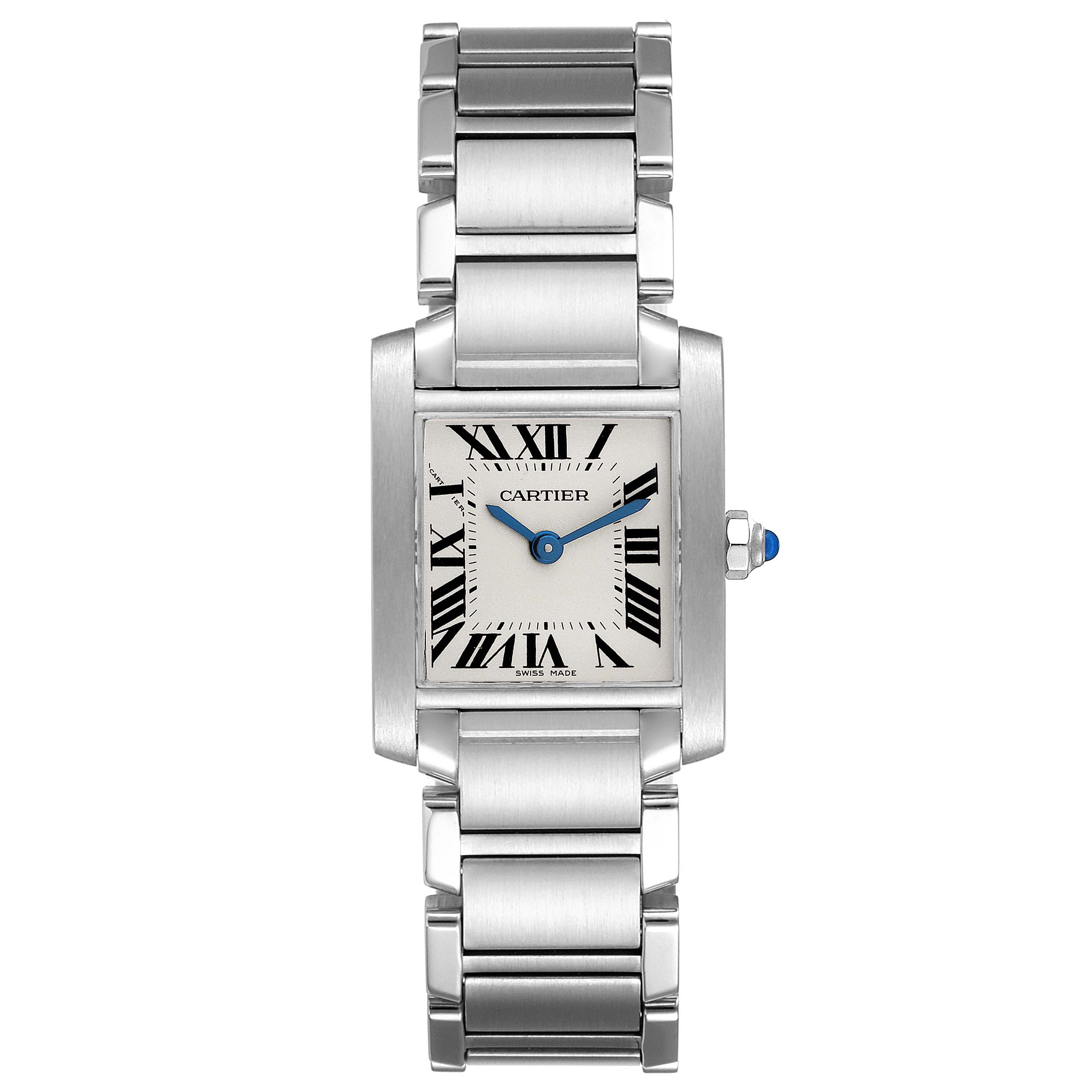 The image shows a front view of the Cartier Tank Francaise W51008Q3 Women's Stainless Steel Silver Dial W51008Q3 Women's Stainless Steel Silver Dial watch, highlighting its rectangular face and stainless steel bracelet.