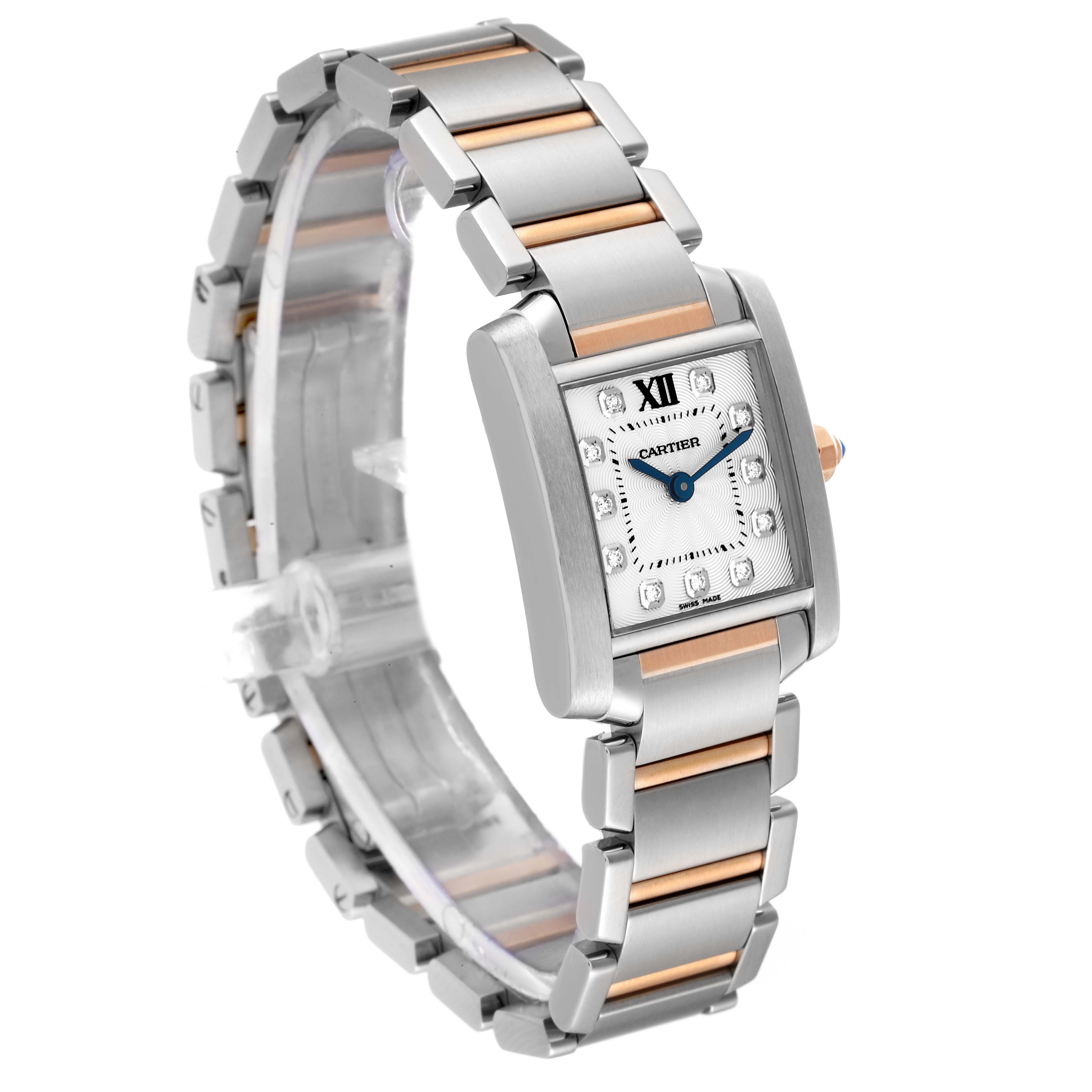 The Cartier Tank Francaise WE110004 Women
s Steel and Gold (two tone) Silver Dial WE110004 Women
s Steel and Gold (two tone) Silver Dial watch is shown at a three-quarter angle displaying the face, bracelet, and crown.