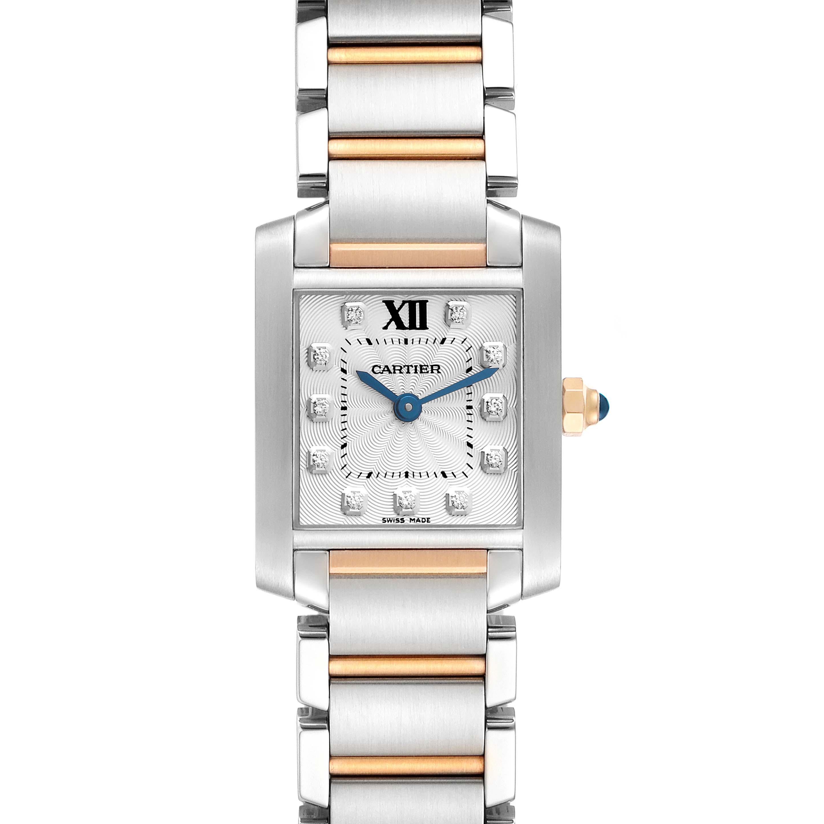 The image shows a front view of the Cartier Tank Francaise WE110004 Women
s Steel and Gold (two tone) Silver Dial WE110004 Women
s Steel and Gold (two tone) Silver Dial watch, highlighting its square face, blue hands, and two-tone bracelet.