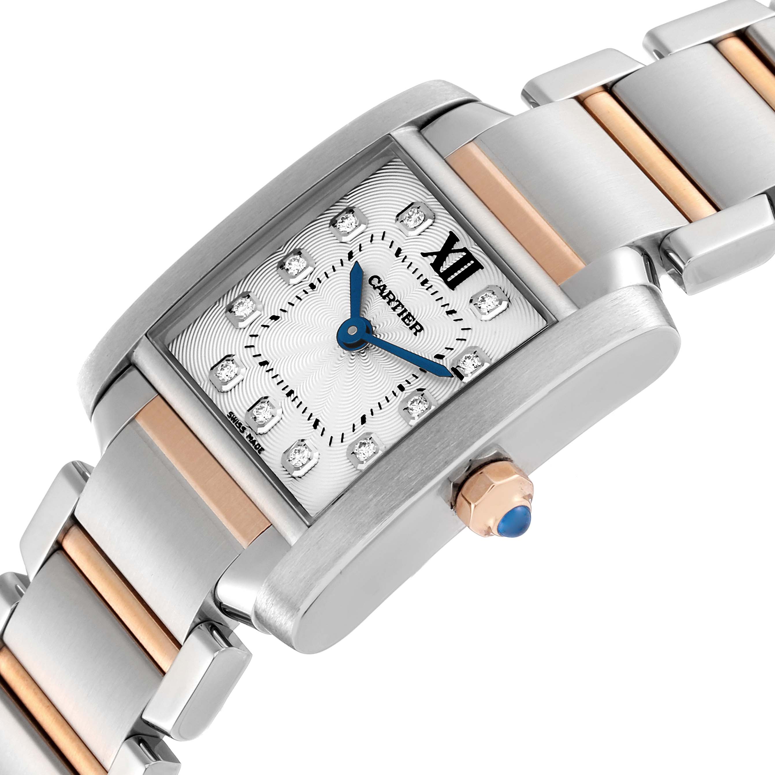 The image shows a close-up angle of the Cartier Tank Francaise WE110004 Women
s Steel and Gold (two tone) Silver Dial WE110004 Women
s Steel and Gold (two tone) Silver Dial watch, highlighting the dial, crown, and parts of the bracelet.