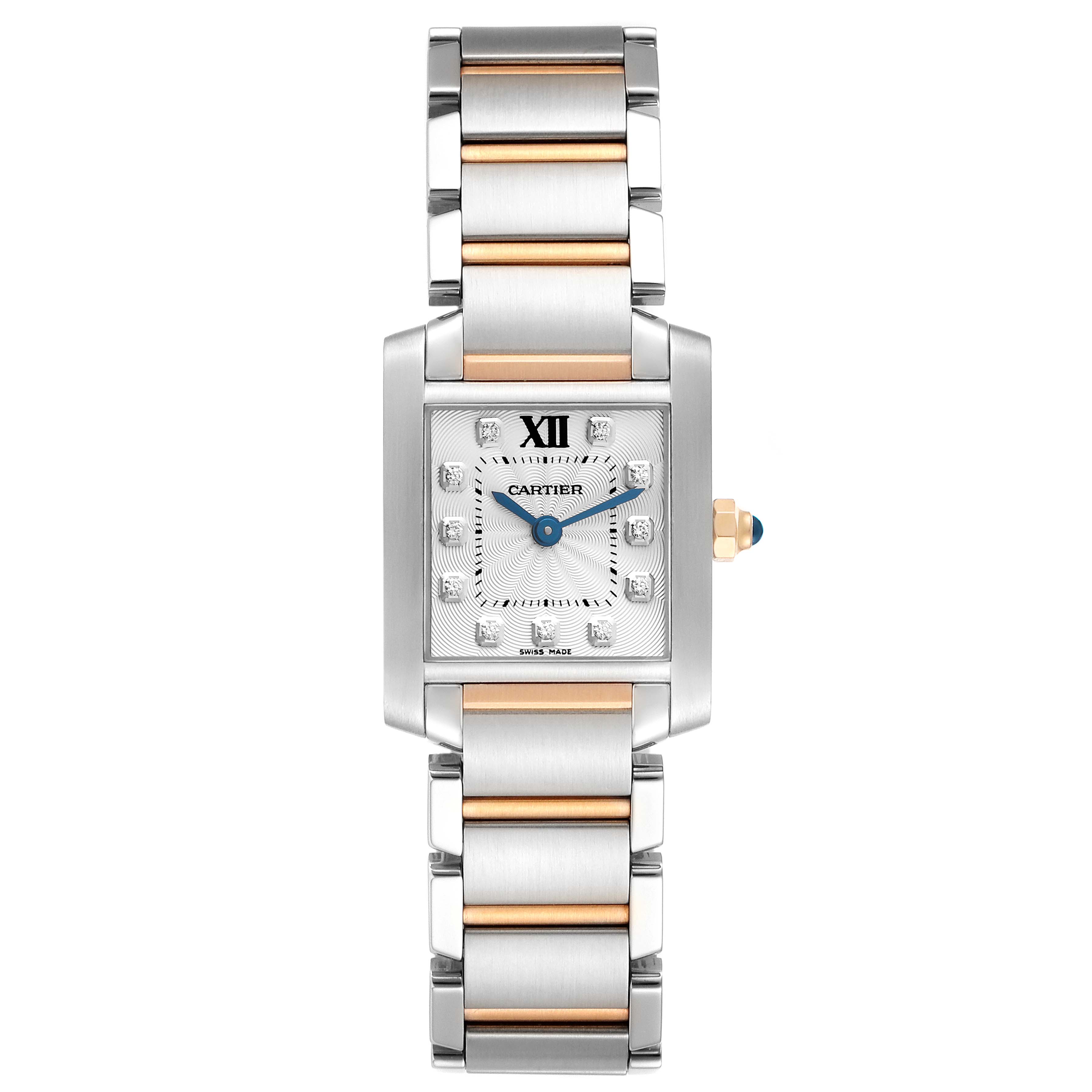 The image shows a front view of the Cartier Tank Francaise WE110004 Women
s Steel and Gold (two tone) Silver Dial WE110004 Women
s Steel and Gold (two tone) Silver Dial watch, displaying its dial, hands, and metal bracelet.