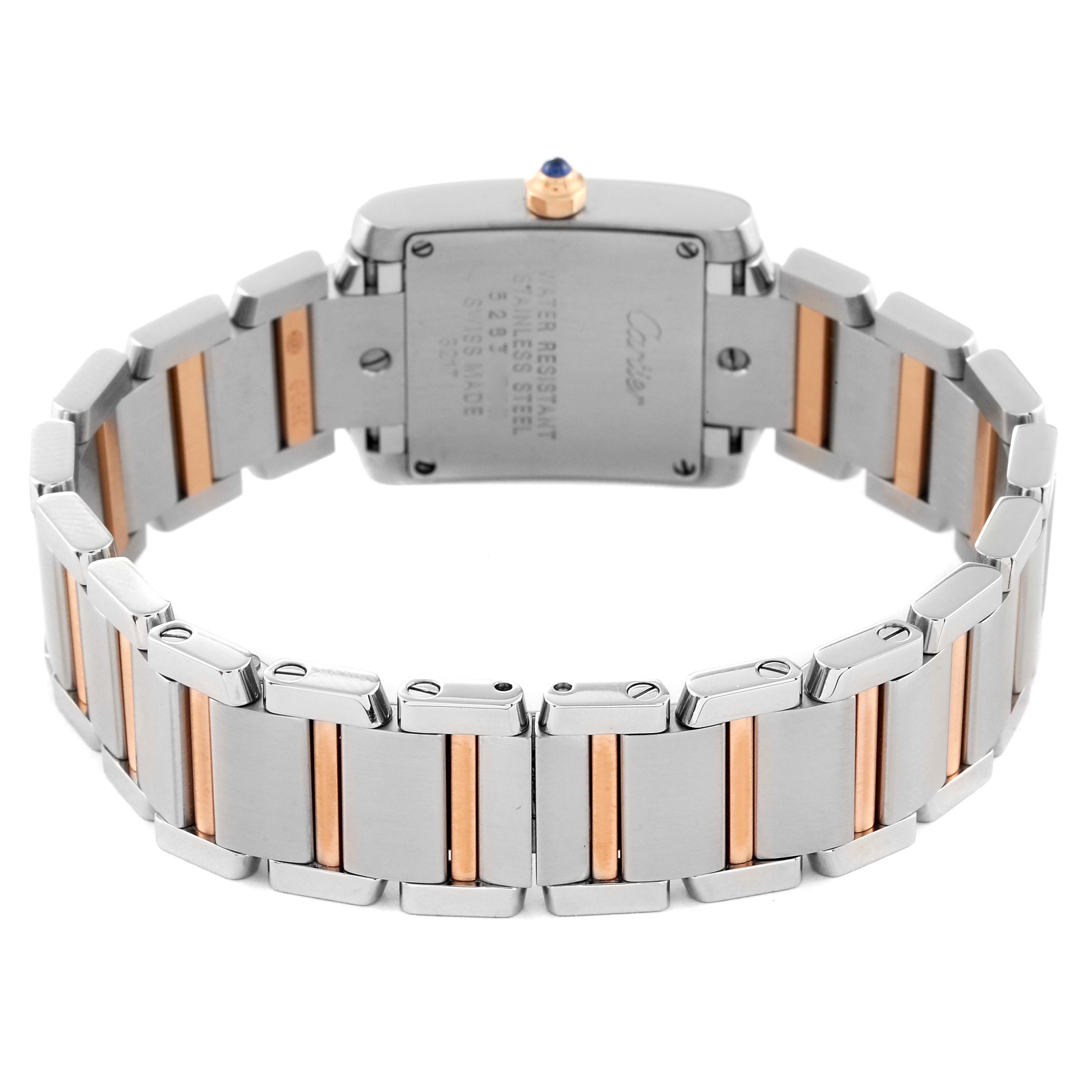 The image shows the back view of a Cartier Tank Francaise WE110004 Women
s Steel and Gold (two tone) Silver Dial WE110004 Women
s Steel and Gold (two tone) Silver Dial watch, highlighting the bracelet and case back.