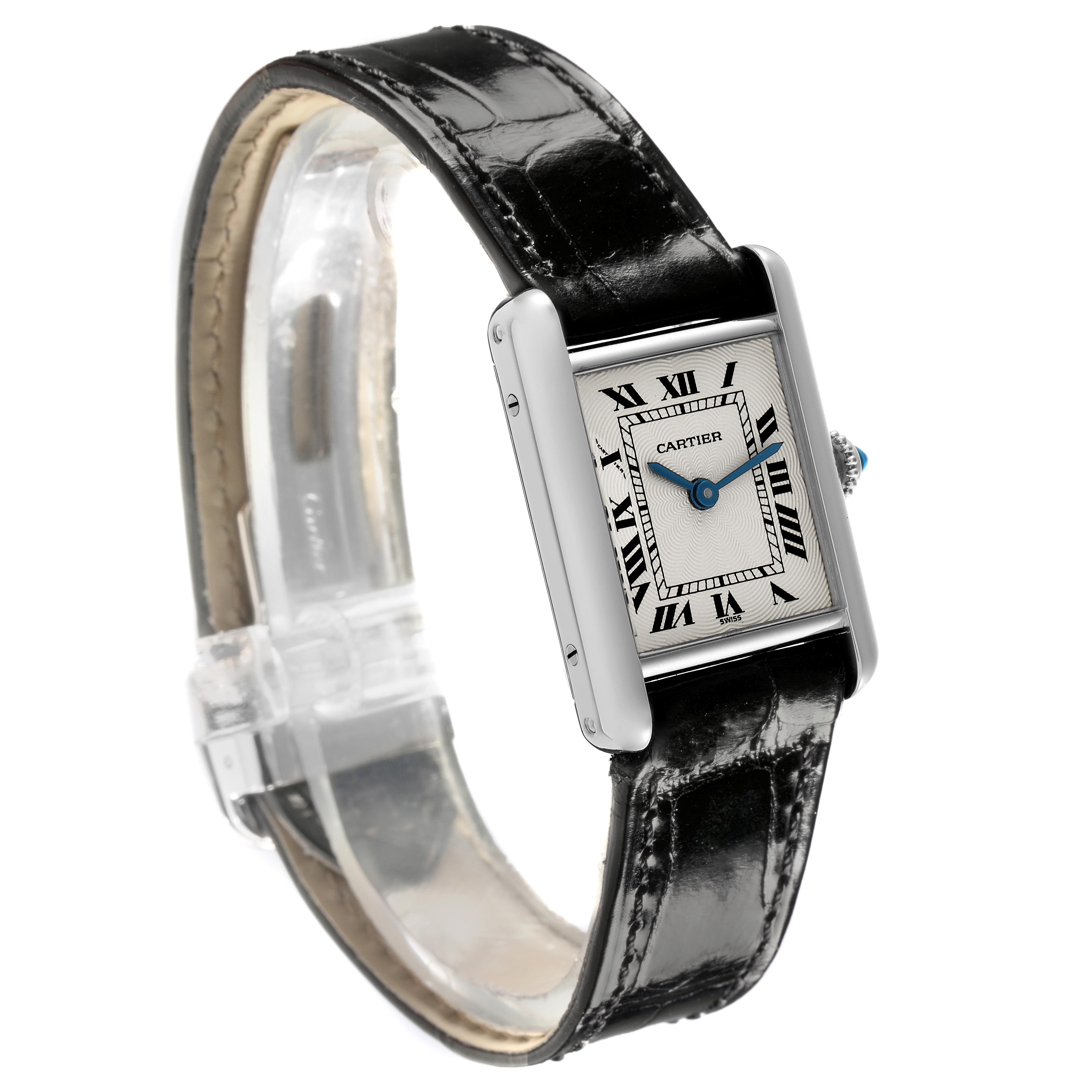 The Cartier Tank Louis W1509251 Women's Platinum Silver Dial W1509251 Women's Platinum Silver Dial watch is shown at a slight angle, highlighting its rectangular face, Roman numerals, and black leather strap.