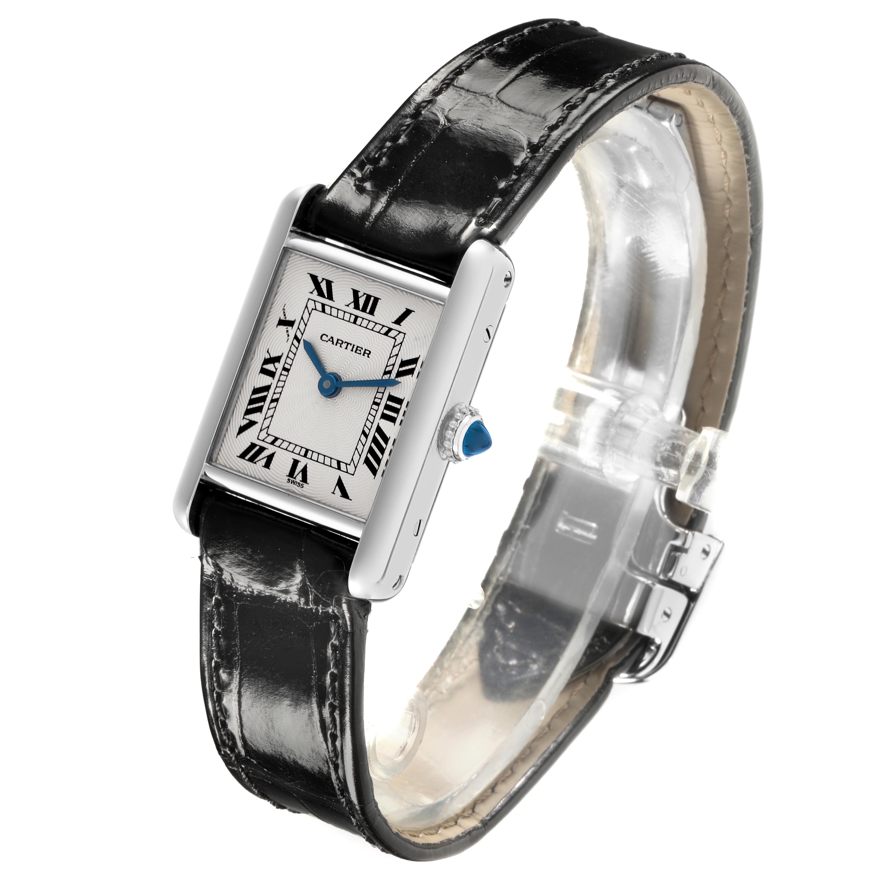 The Cartier Tank Louis W1509251 Women's Platinum Silver Dial W1509251 Women's Platinum Silver Dial watch is shown at a three-quarter angle, displaying the watch face, crown, and leather strap.