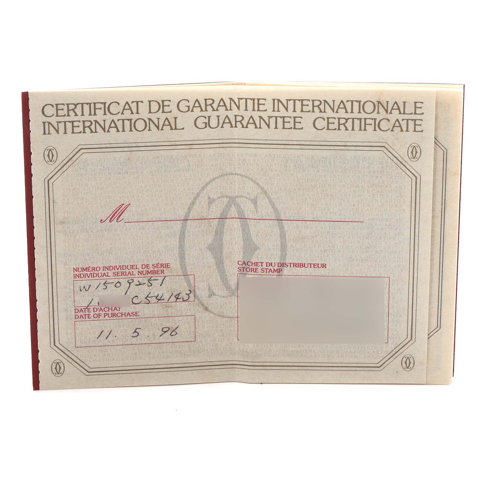 This image shows an international guarantee certificate for the Cartier Tank Louis W1509251 Women's Platinum Silver Dial model.