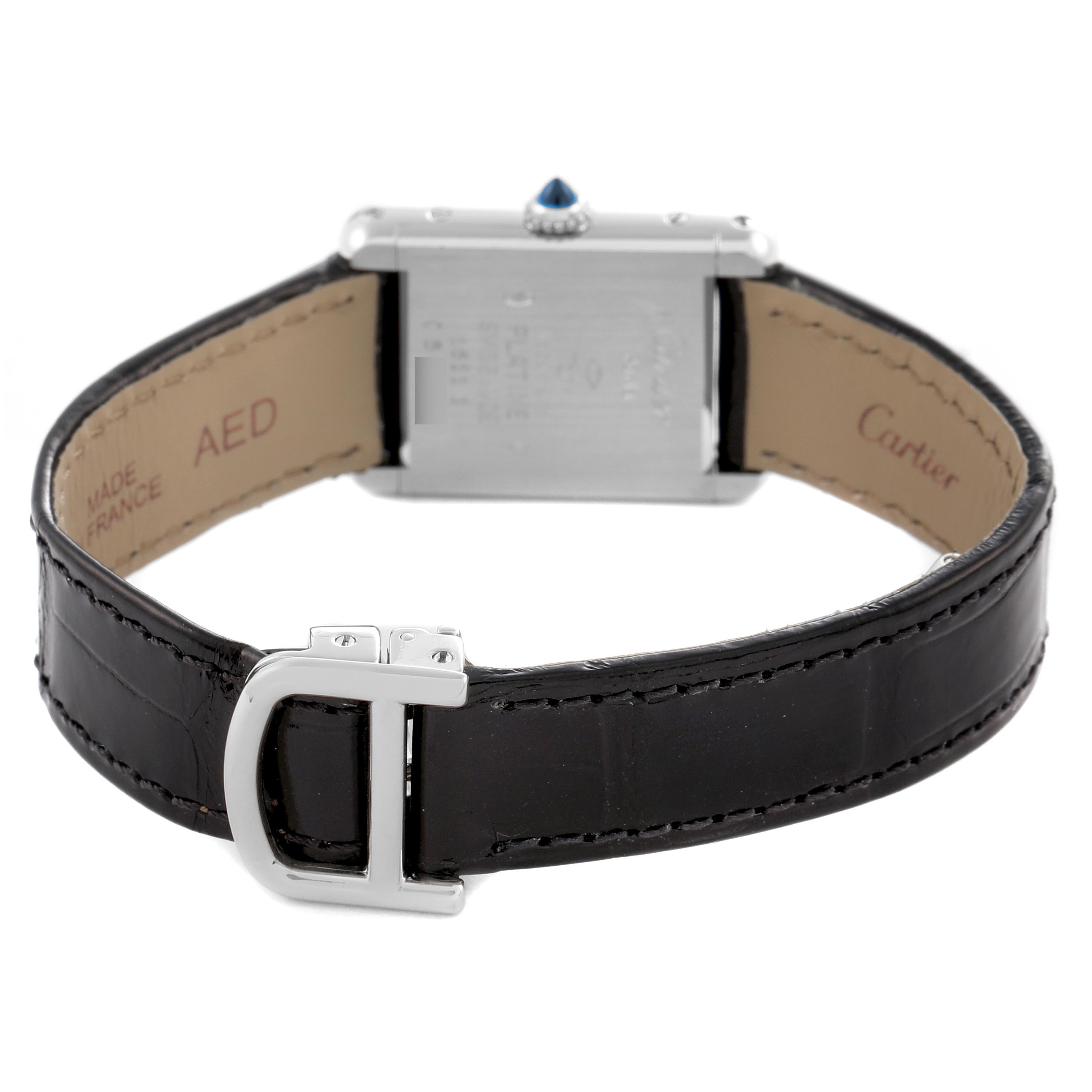 The Cartier Tank Louis W1509251 Women's Platinum Silver Dial W1509251 Women's Platinum Silver Dial watch is shown from the back, highlighting the strap, clasp, and case back.