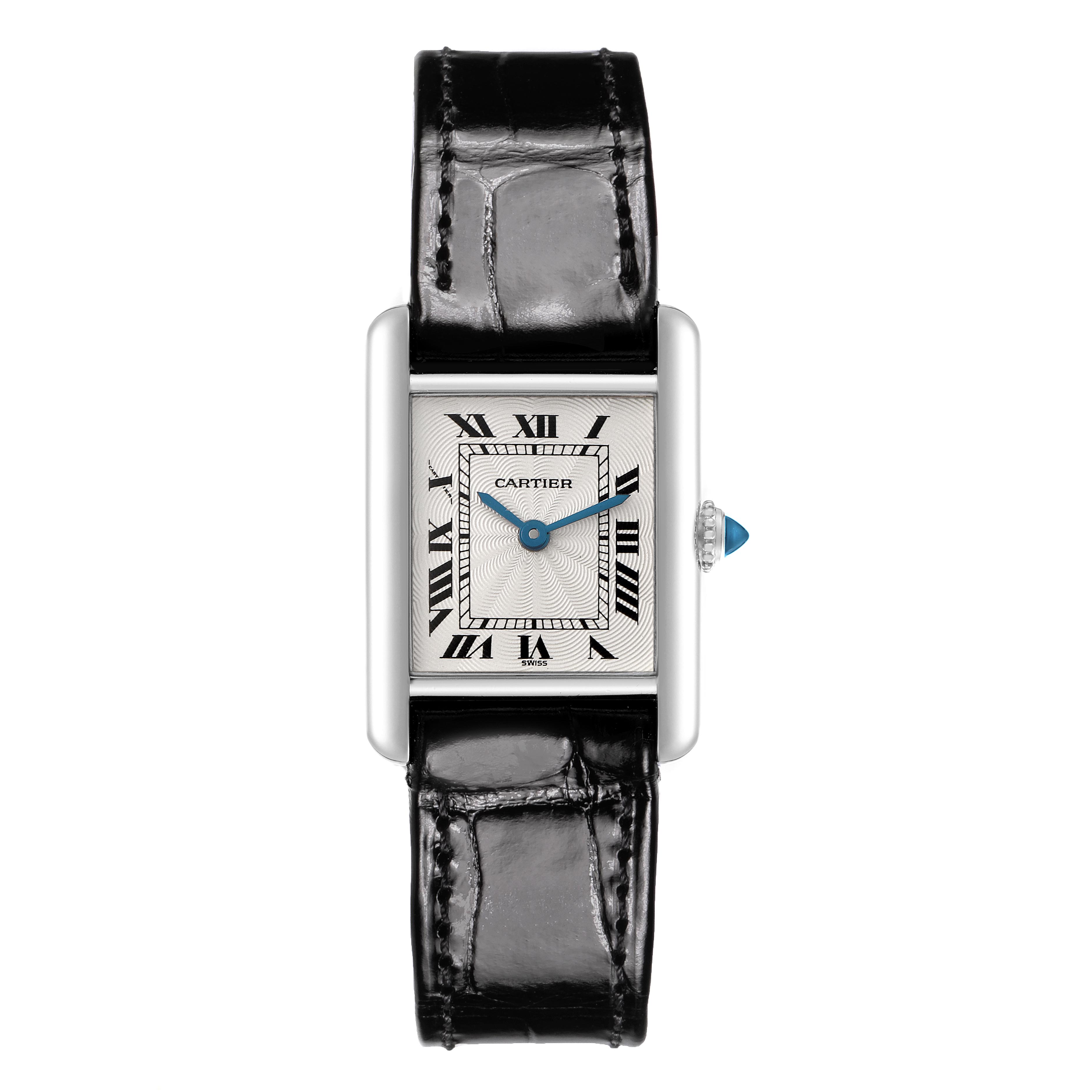 The Cartier Tank Louis W1509251 Women's Platinum Silver Dial W1509251 Women's Platinum Silver Dial watch is shown from the front, highlighting its square face, Roman numerals, and black leather strap.