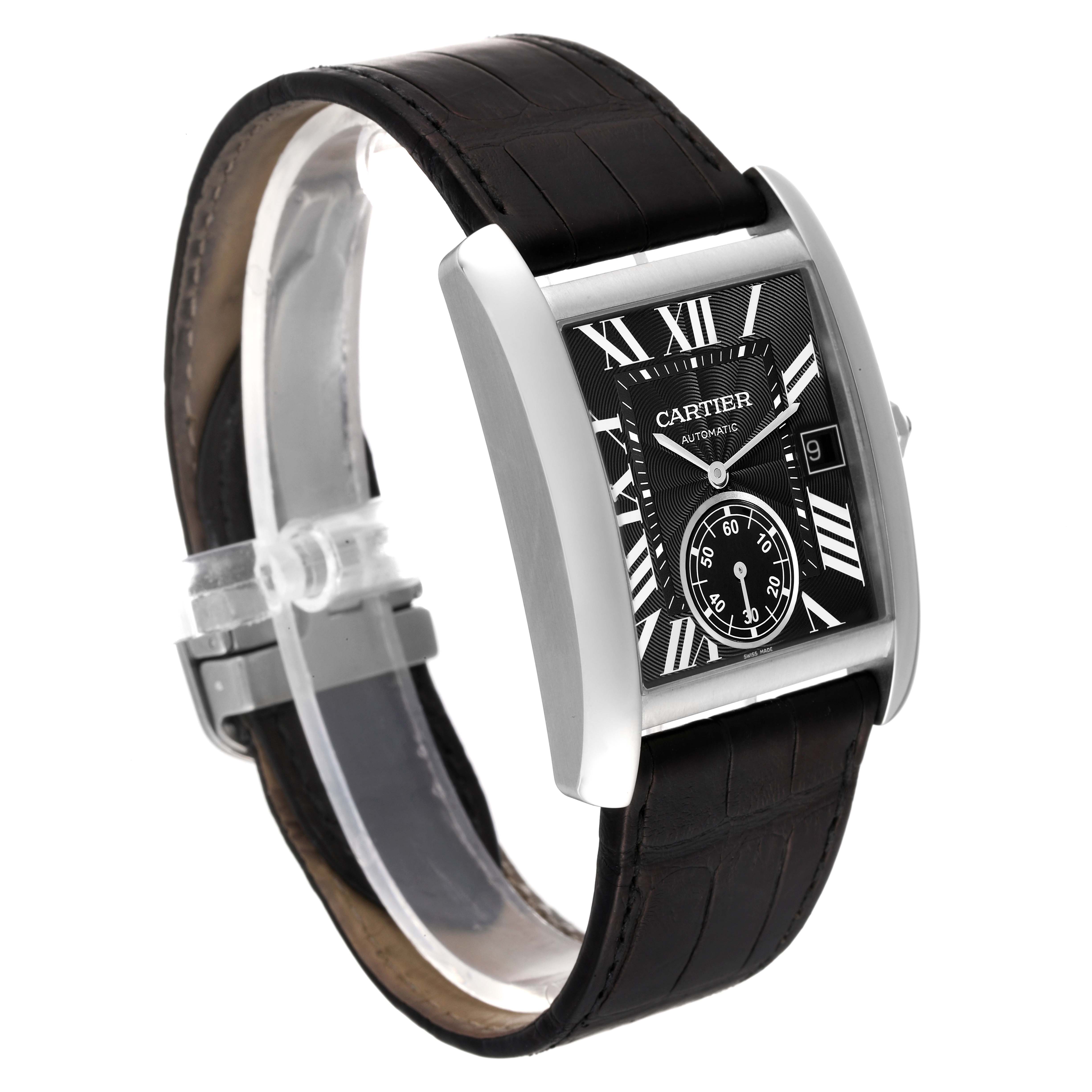 The Cartier Tank MC W5330004 Men
s Stainless Steel Black Dial W5330004 Men
s Stainless Steel Black Dial watch is shown at an oblique angle, displaying its black face, Roman numerals, and leather strap.