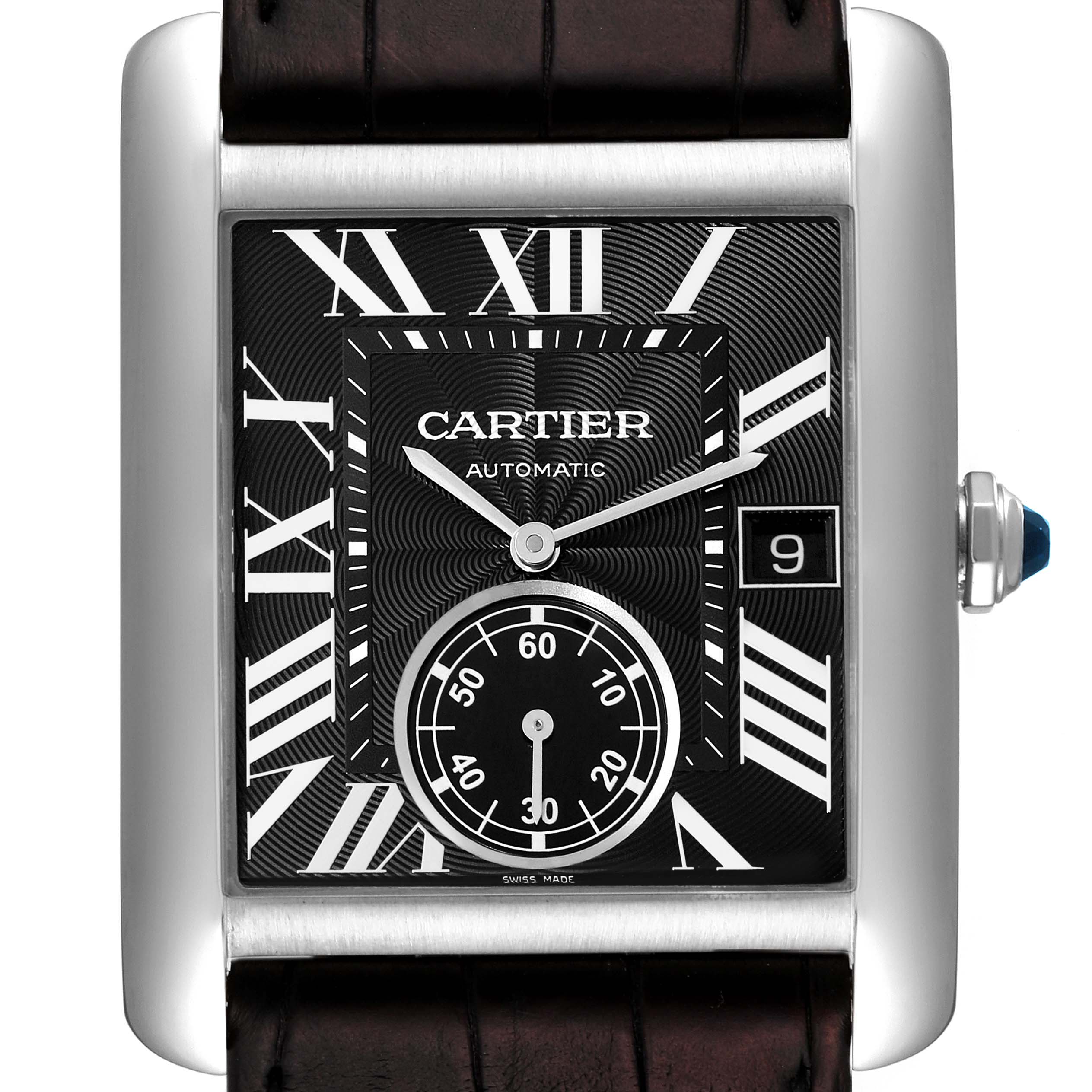 The image shows a close-up of the Cartier Tank MC W5330004 Men
s Stainless Steel Black Dial W5330004 Men
s Stainless Steel Black Dial watch face, crown, and part of the leather strap.