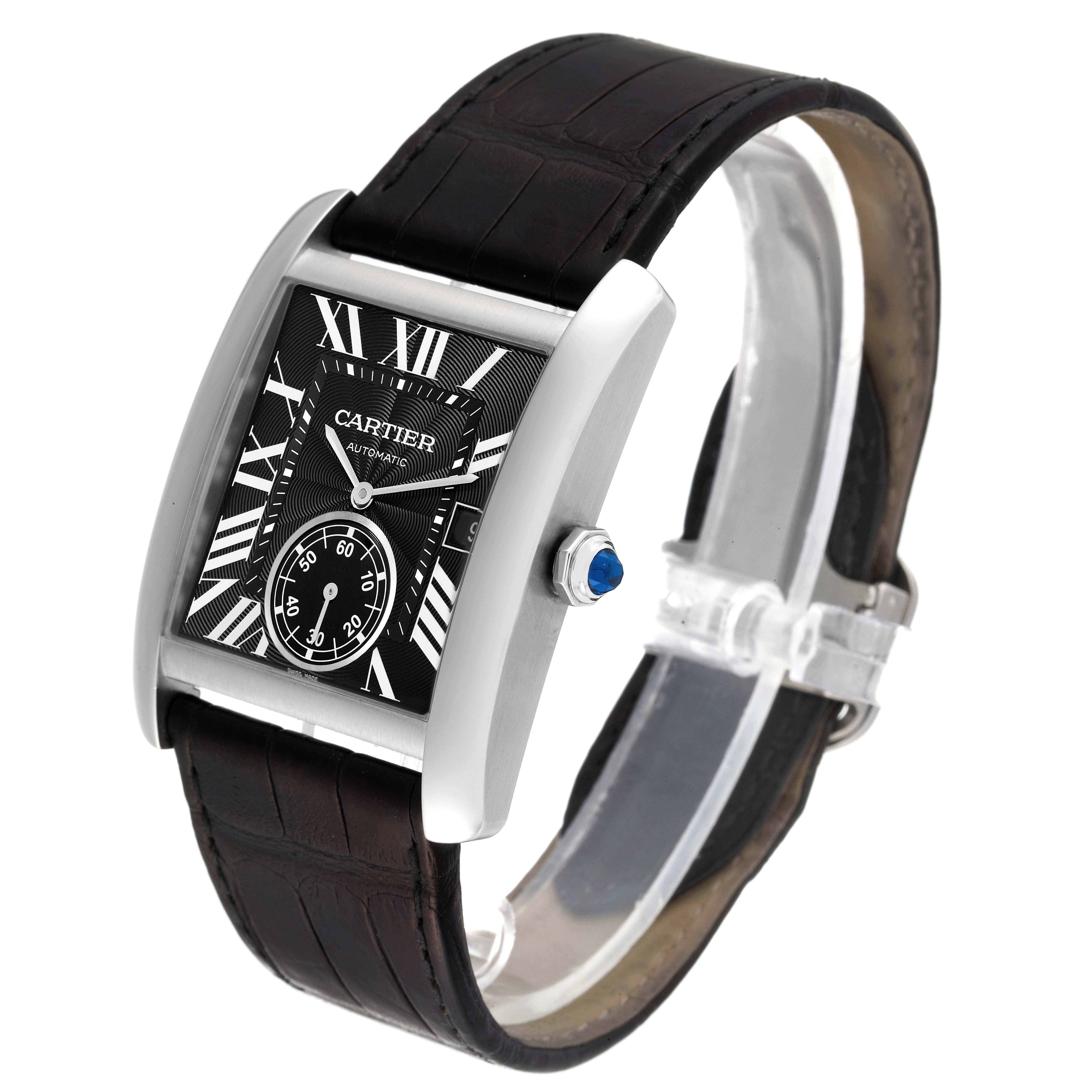 The image shows a Cartier Tank MC W5330004 Men
s Stainless Steel Black Dial W5330004 Men
s Stainless Steel Black Dial watch angled from the front-right, highlighting the face, strap, and crown.