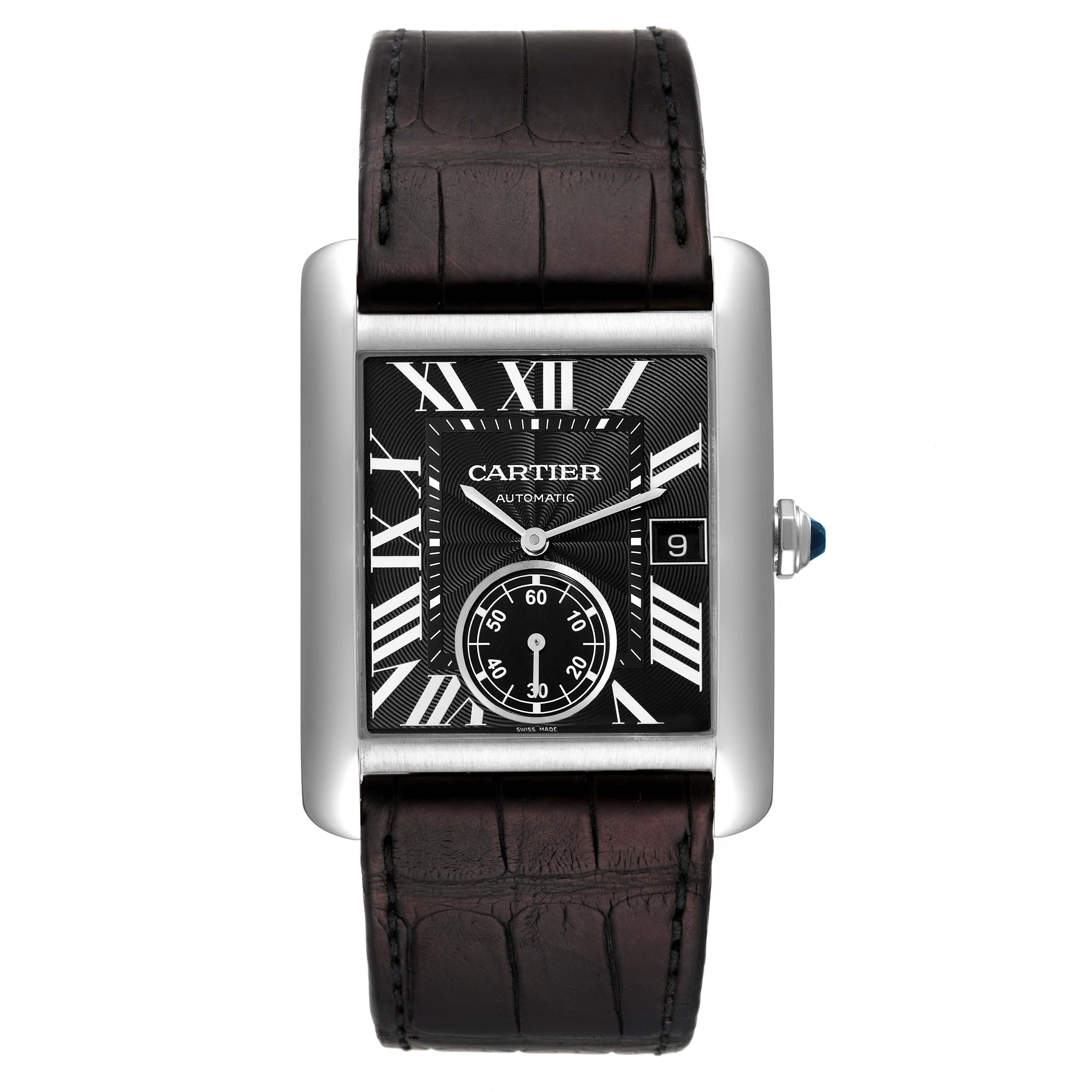 The image shows a front view of the Cartier Tank MC W5330004 Men
s Stainless Steel Black Dial W5330004 Men
s Stainless Steel Black Dial watch, displaying its dial, Roman numerals, date window, and leather strap.