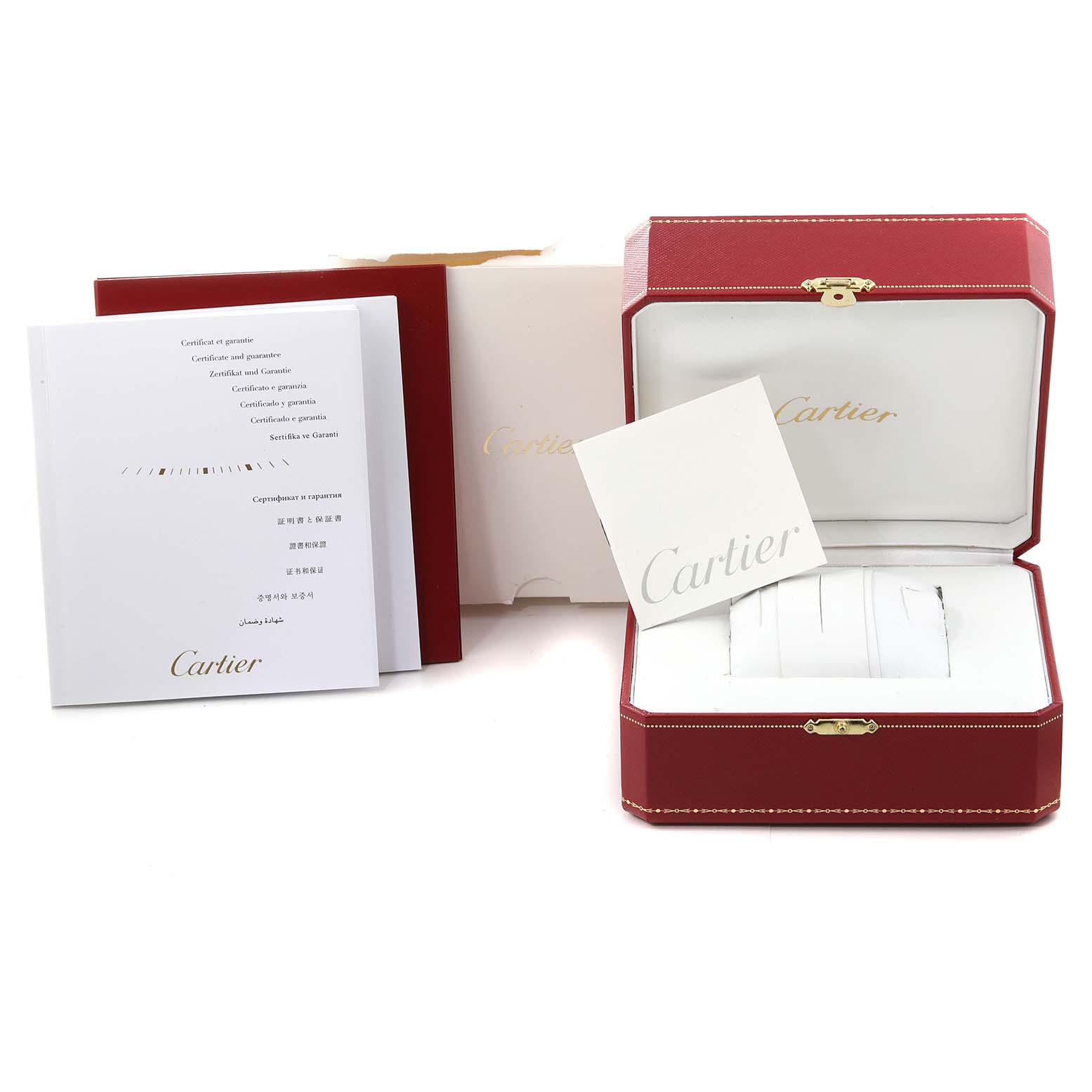 The image shows the Cartier Tank MC W5330004 Men
s Stainless Steel Black Dial W5330004 Men
s Stainless Steel Black Dial watch packaging, including the box, warranty booklet, and manual from a front angle.