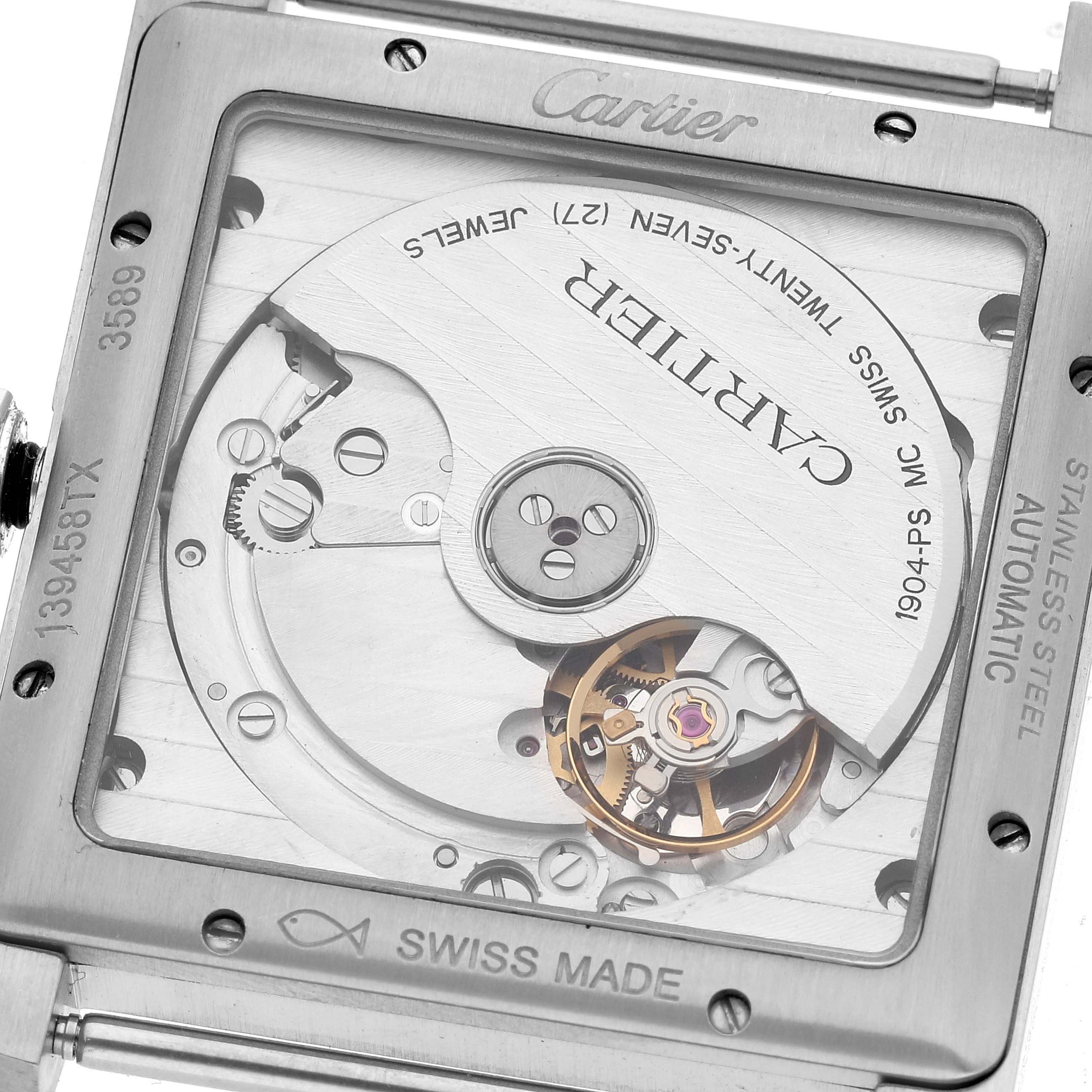 This image shows the back view of the Cartier Tank MC W5330004 Men
s Stainless Steel Black Dial W5330004 Men
s Stainless Steel Black Dial watch, revealing its automatic movement and internal components.