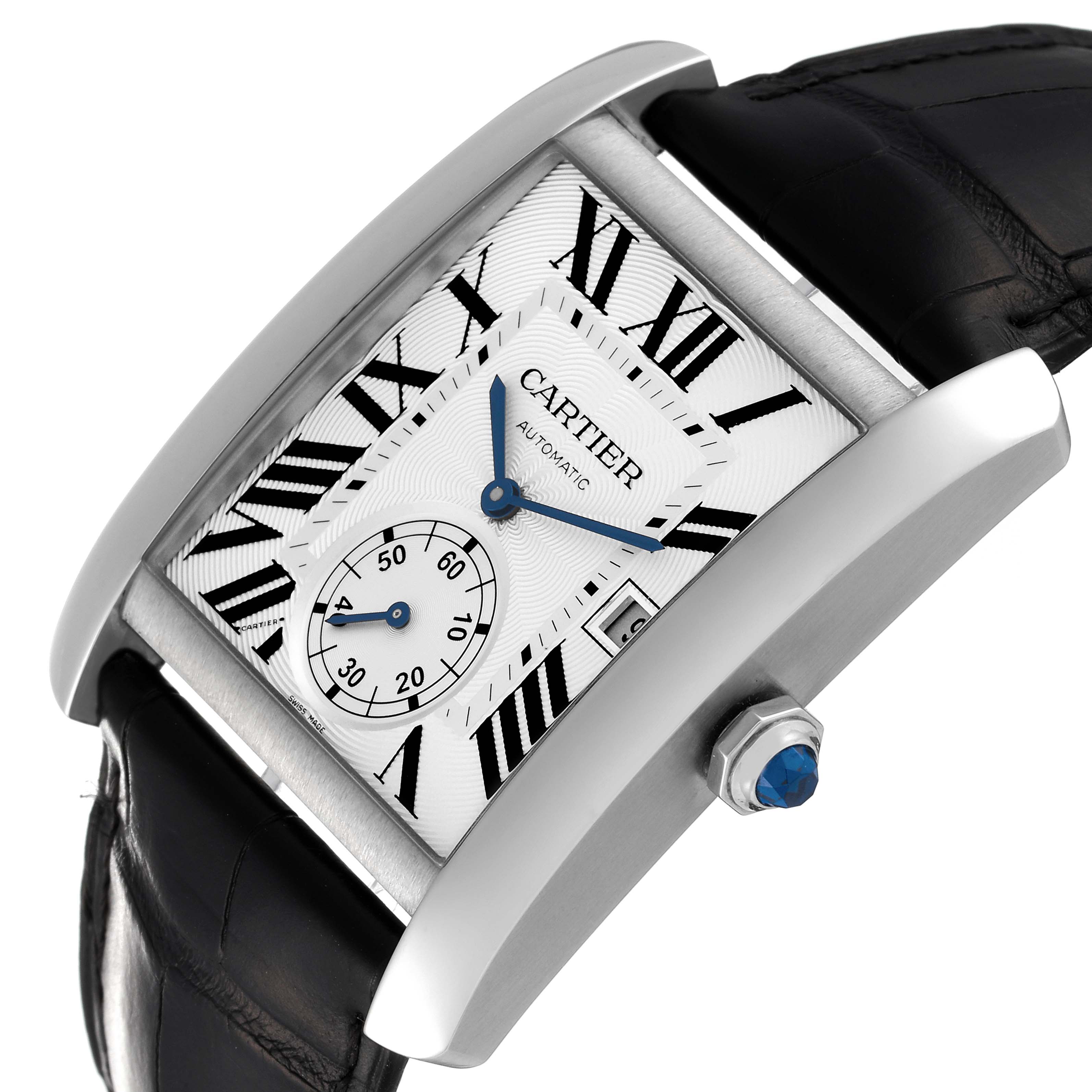 The image shows the Cartier Tank MC W5330003 Men
s Stainless Steel Silver Dial W5330003 Men
s Stainless Steel Silver Dial watch from an angle highlighting its face, crown, and leather strap.