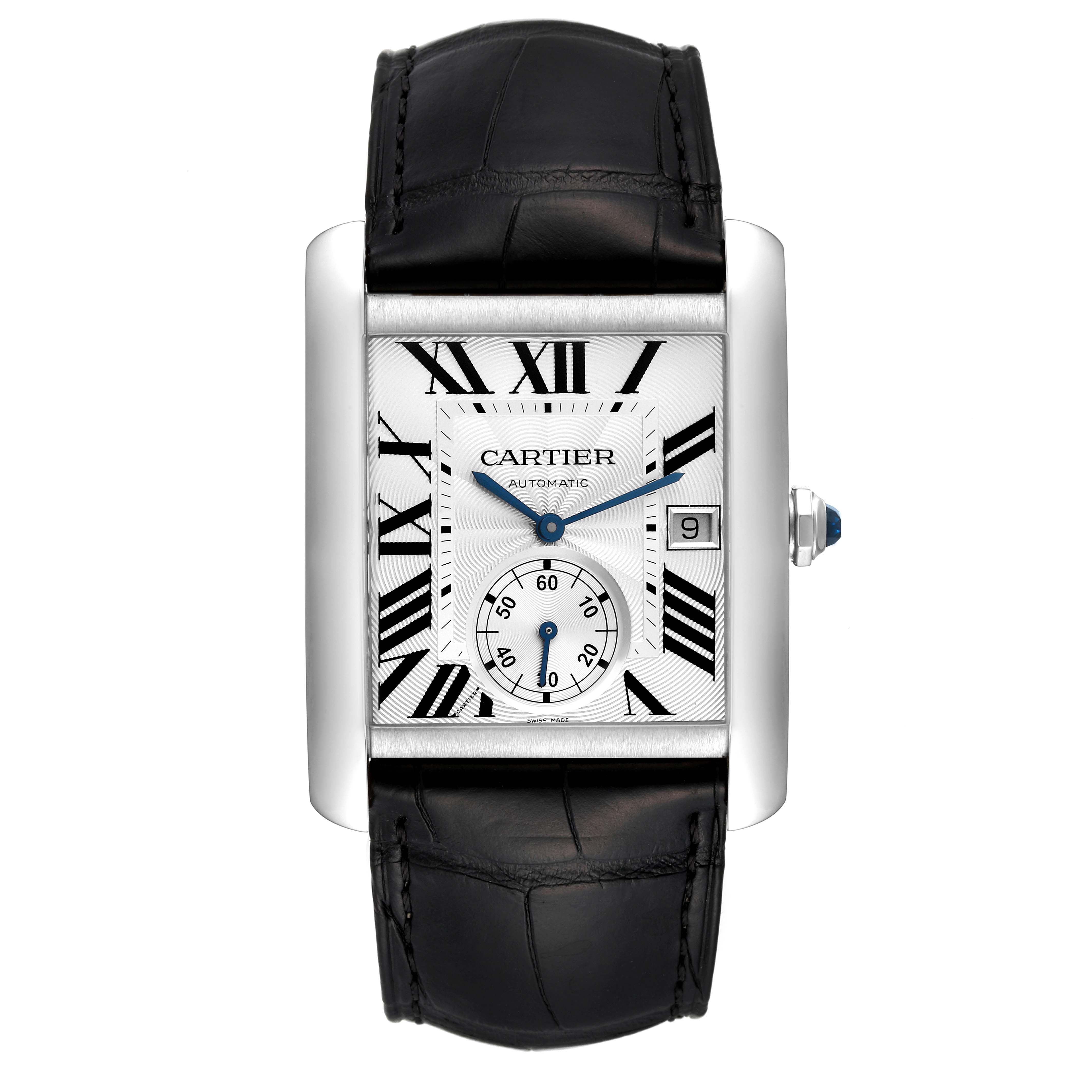 The Cartier Tank MC W5330003 Men
s Stainless Steel Silver Dial W5330003 Men
s Stainless Steel Silver Dial watch is shown from a front angle, displaying its face, black strap, and crown.